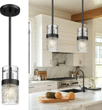 LMS 2-Pack Modern Matte Black Pendant Light, Adjustable Hanging Pendant Lighting with Hammered Glass, Tiltable Pendant Lighting for Kitchen Island, Bathroom, Bedroom, LMS-201 - Grand Goldman