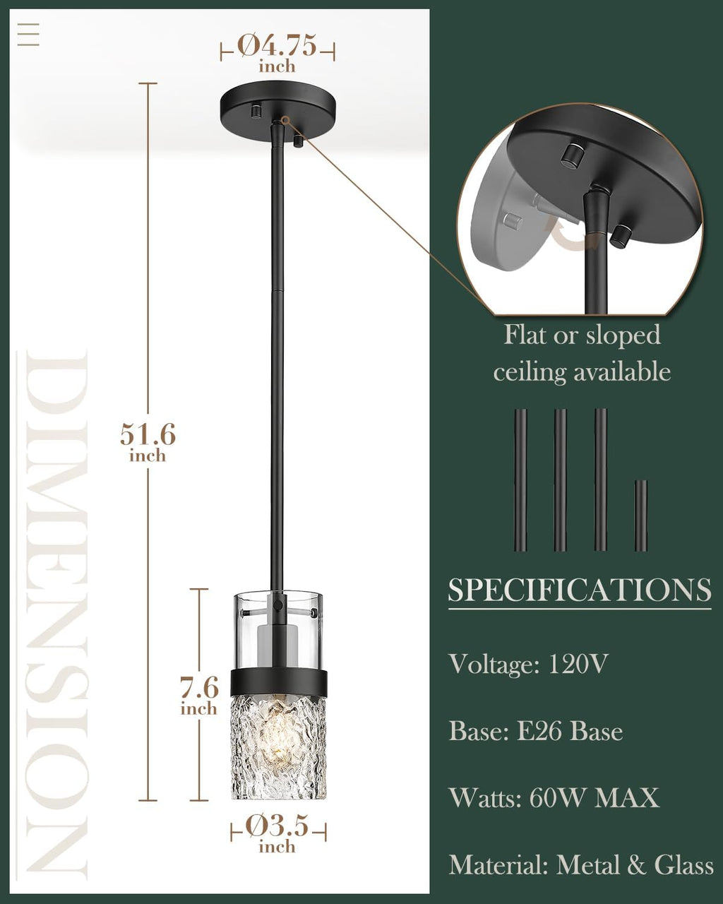 LMS 2-Pack Modern Matte Black Pendant Light, Adjustable Hanging Pendant Lighting with Hammered Glass, Tiltable Pendant Lighting for Kitchen Island, Bathroom, Bedroom, LMS-201 - Grand Goldman