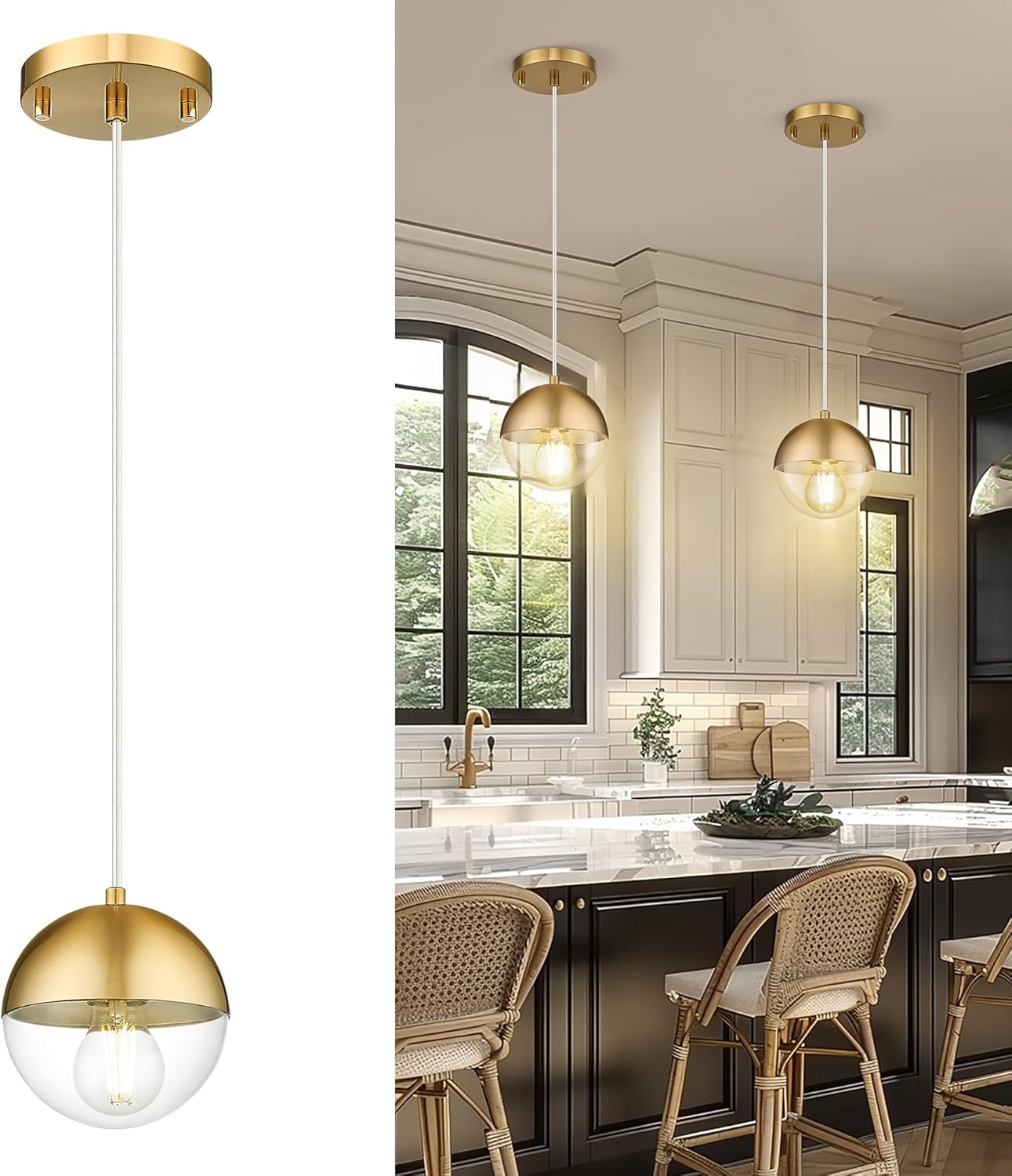 LMS 2 Pack Modern Pendant Lights, Mid Century Brushed Nickel Kitchen Lighting with White Globe Glass Shade, Adjustable Hanging Light Fixtures Ceiling Light for Home Office Dining Room, LMS-186BN2PK - Grand Goldman