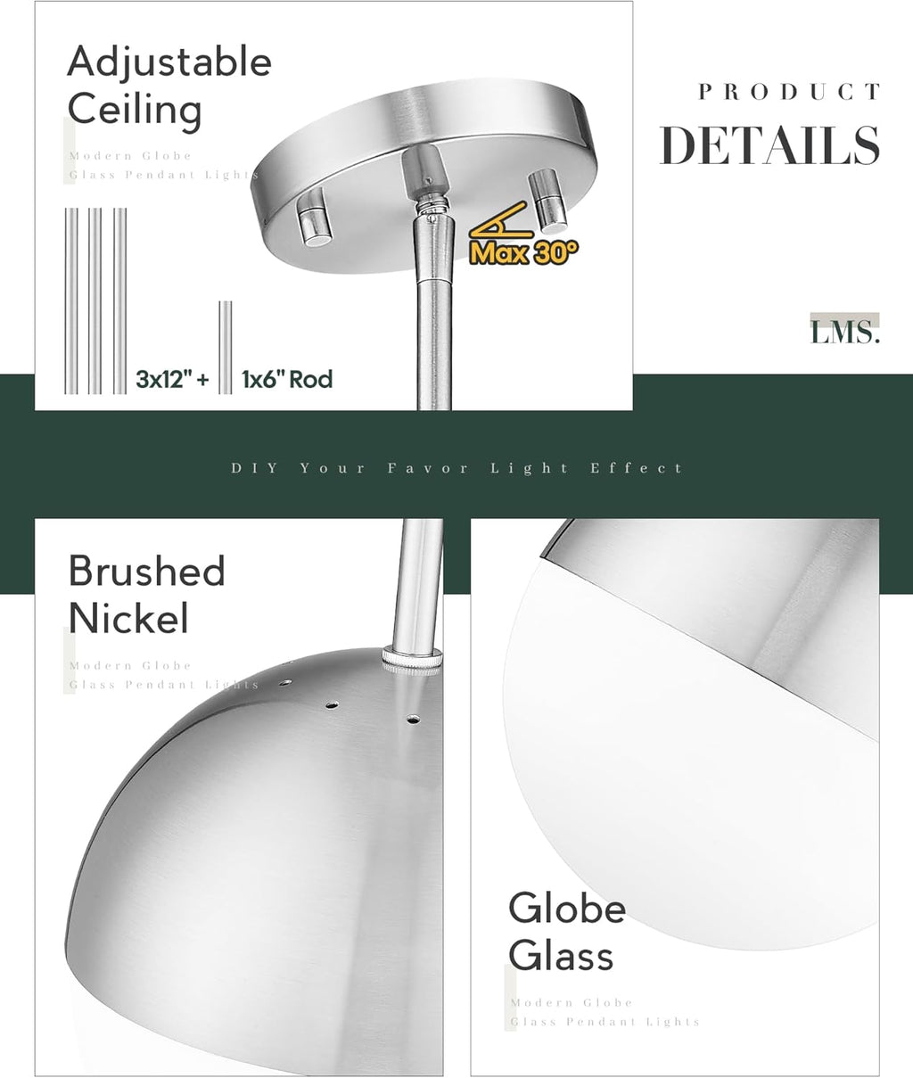 LMS 2 Pack Modern Pendant Lights, Mid Century Brushed Nickel Kitchen Lighting with White Globe Glass Shade, Adjustable Hanging Light Fixtures Ceiling Light for Home Office Dining Room, LMS-186BN2PK - Grand Goldman