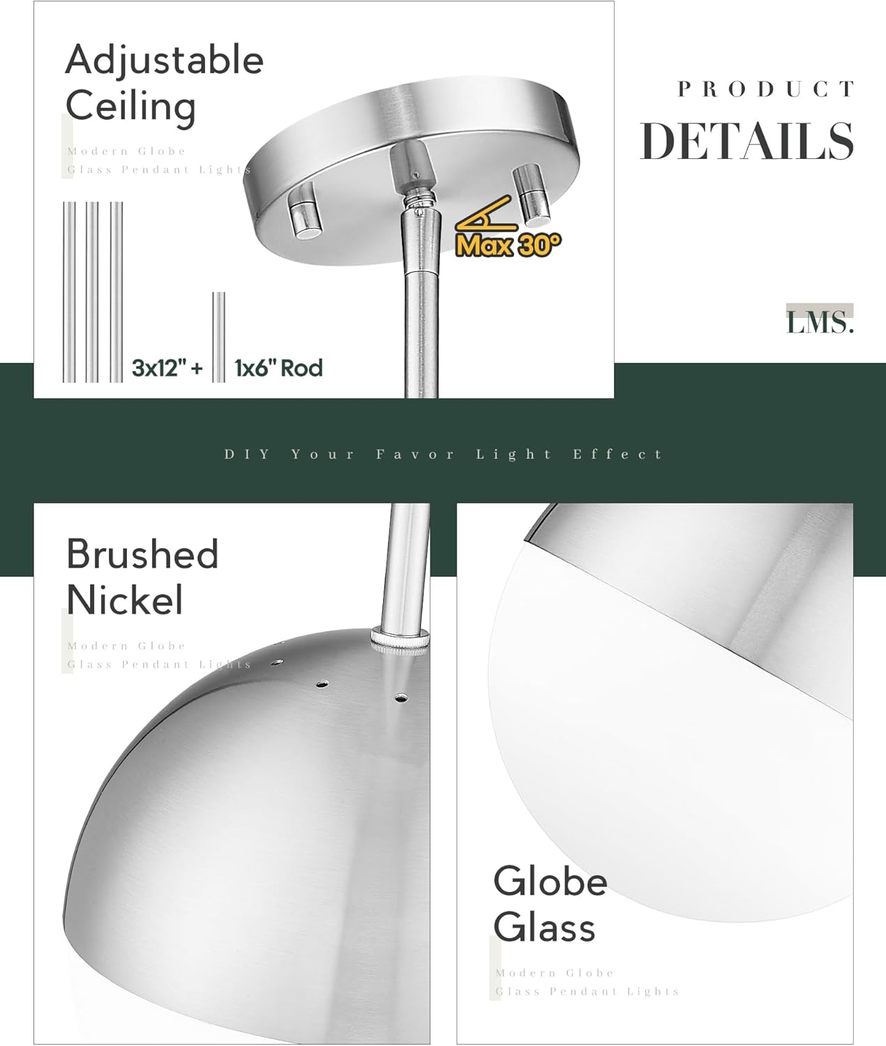 LMS 2 Pack Modern Pendant Lights, Mid Century Brushed Nickel Kitchen Lighting with White Globe Glass Shade, Adjustable Hanging Light Fixtures Ceiling Light for Home Office Dining Room, LMS-186BN2PK - Grand Goldman