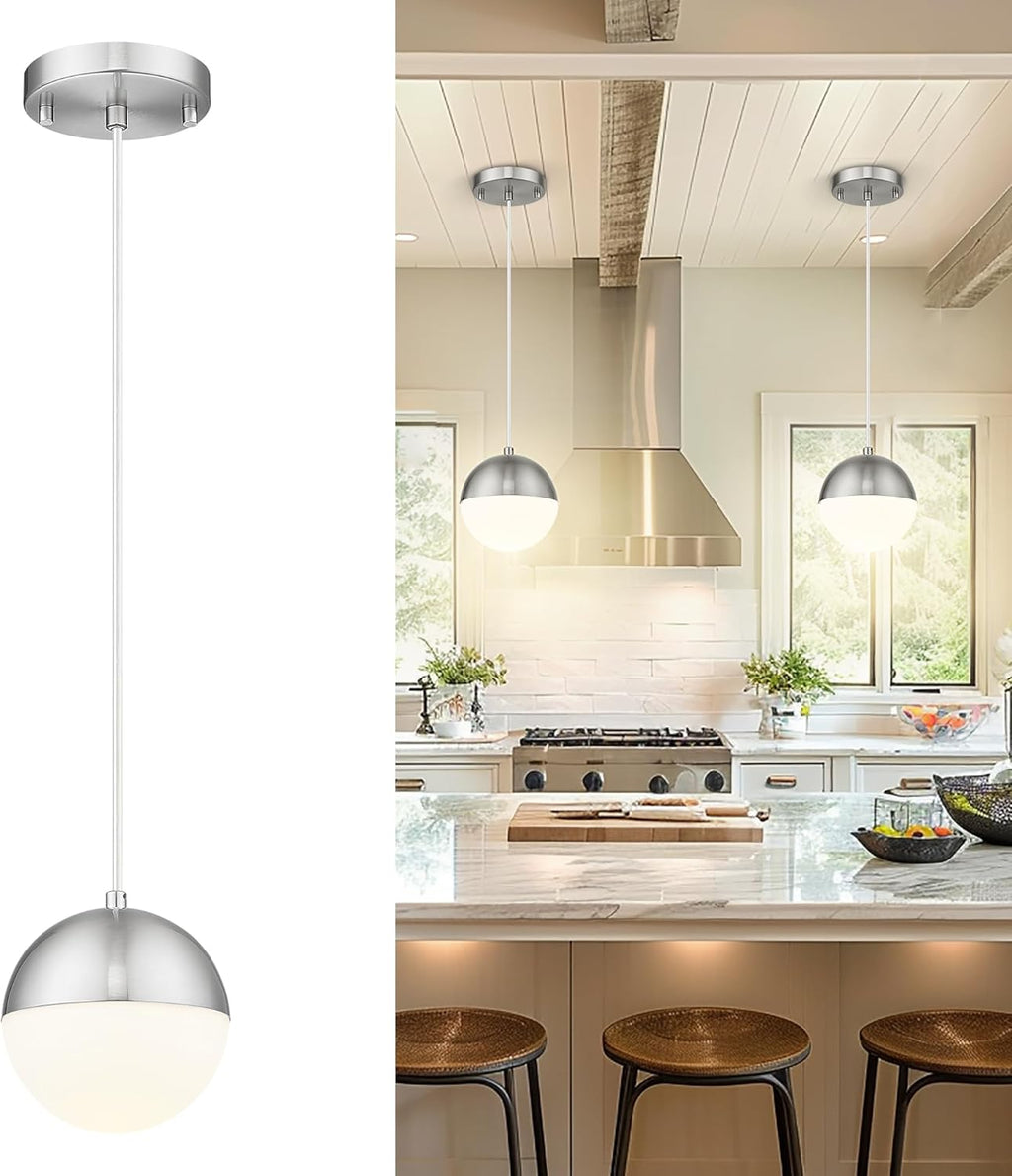 LMS 2 Pack Modern Pendant Lights, Mid Century Brushed Nickel Kitchen Lighting with White Globe Glass Shade, Adjustable Hanging Light Fixtures Ceiling Light for Home Office Dining Room, LMS-186BN2PK - Grand Goldman