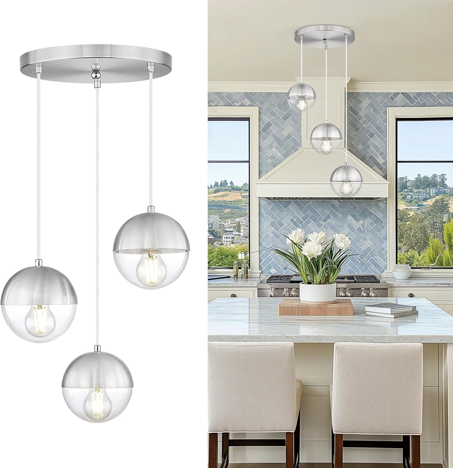 LMS 2 Pack Modern Pendant Lights, Mid Century Brushed Nickel Kitchen Lighting with White Globe Glass Shade, Adjustable Hanging Light Fixtures Ceiling Light for Home Office Dining Room, LMS-186BN2PK - Grand Goldman