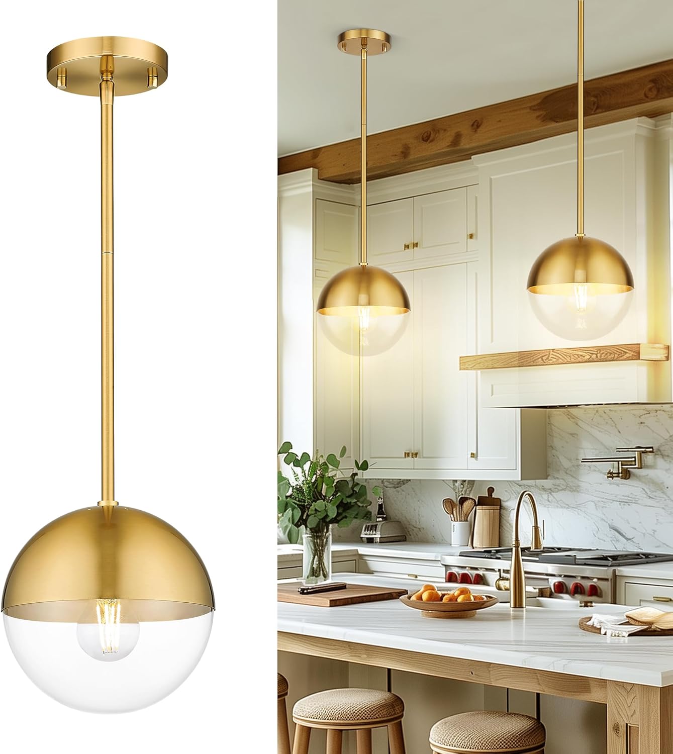 LMS 2 Pack Modern Pendant Lights, Mid Century Brushed Nickel Kitchen Lighting with White Globe Glass Shade, Adjustable Hanging Light Fixtures Ceiling Light for Home Office Dining Room, LMS-186BN2PK - Grand Goldman