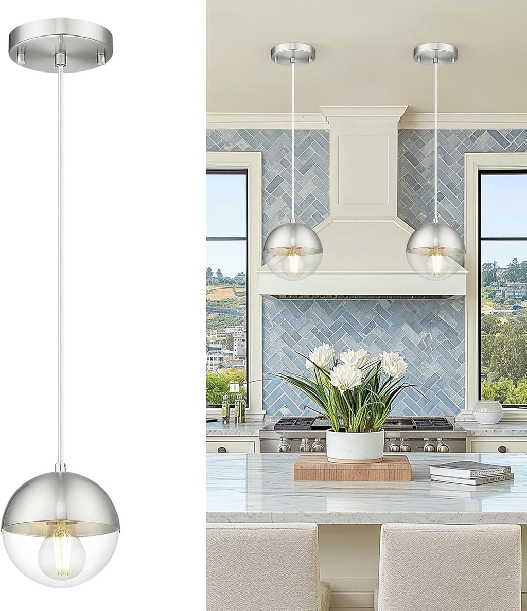 LMS 2 Pack Modern Pendant Lights, Mid Century Brushed Nickel Kitchen Lighting with White Globe Glass Shade, Adjustable Hanging Light Fixtures Ceiling Light for Home Office Dining Room, LMS-186BN2PK - Grand Goldman