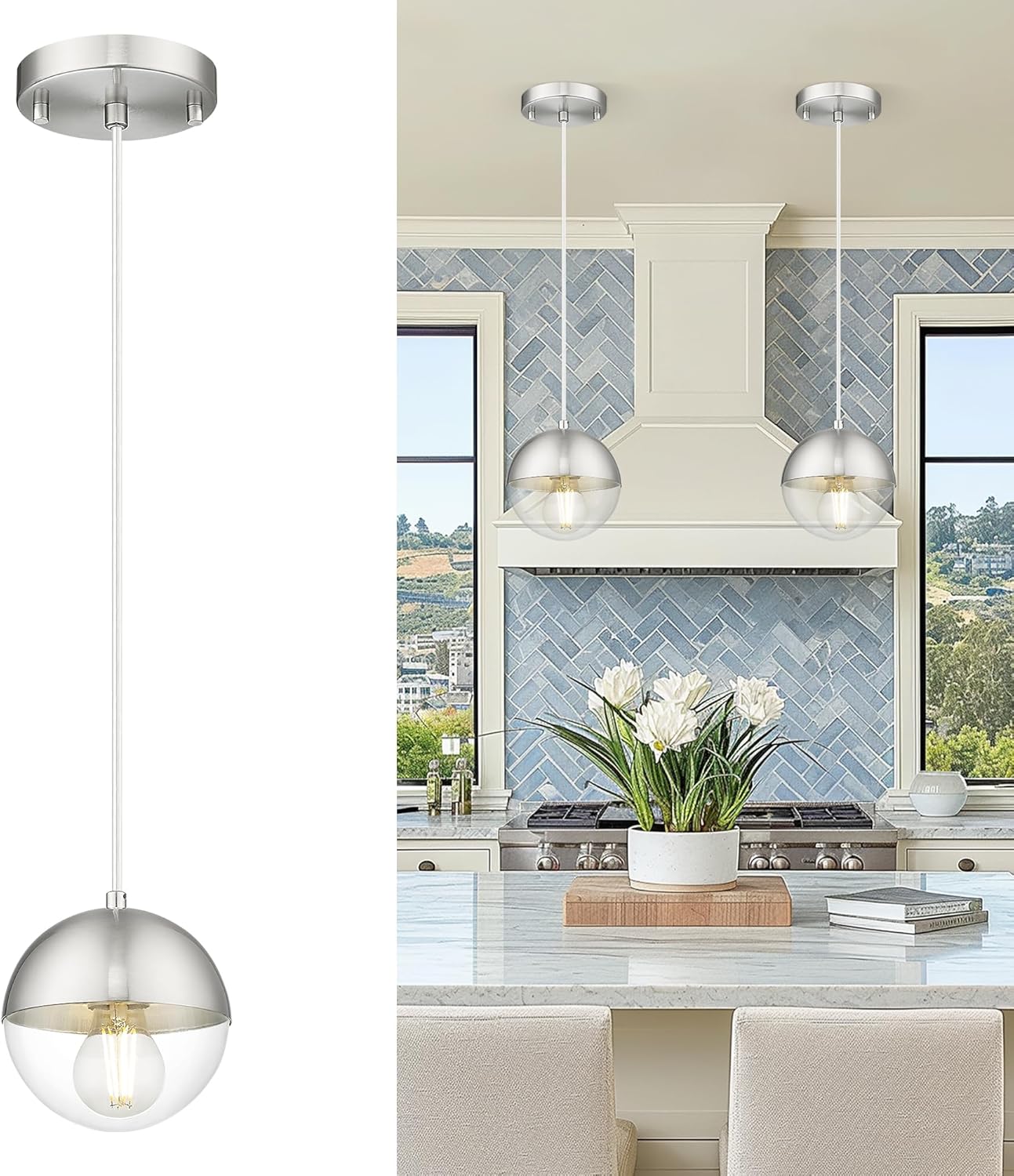 LMS 2 Pack Modern Pendant Lights, Mid Century Brushed Nickel Kitchen Lighting with White Globe Glass Shade, Adjustable Hanging Light Fixtures Ceiling Light for Home Office Dining Room, LMS-186BN2PK - Grand Goldman