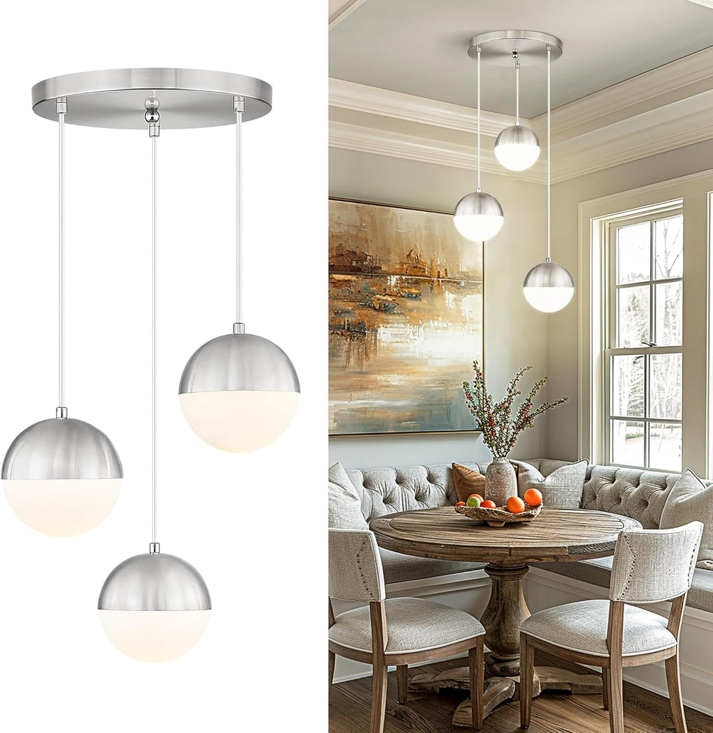 LMS 2 Pack Modern Pendant Lights, Mid Century Brushed Nickel Kitchen Lighting with White Globe Glass Shade, Adjustable Hanging Light Fixtures Ceiling Light for Home Office Dining Room, LMS-186BN2PK - Grand Goldman