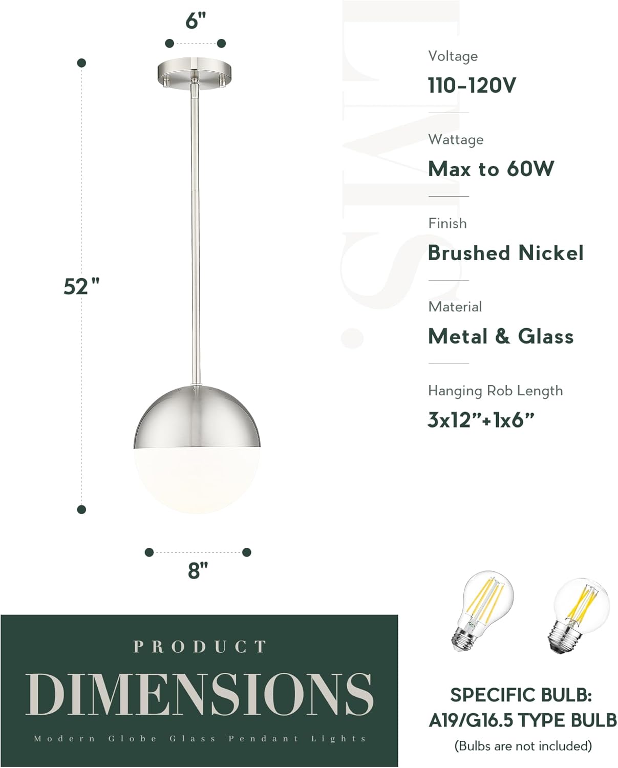 LMS 2 Pack Modern Pendant Lights, Mid Century Brushed Nickel Kitchen Lighting with White Globe Glass Shade, Adjustable Hanging Light Fixtures Ceiling Light for Home Office Dining Room, LMS-186BN2PK - Grand Goldman