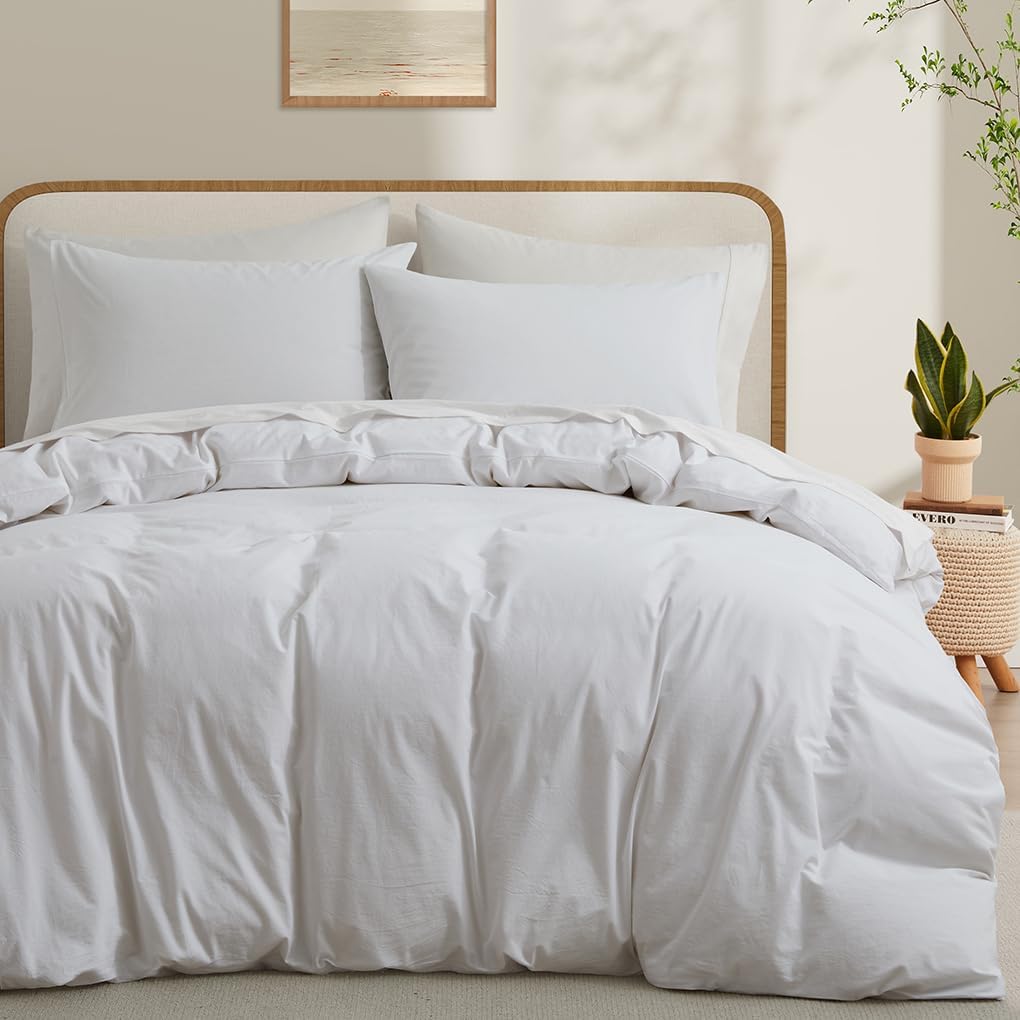 LOVQUE 100% Washed Cotton Duvet Cover Queen Size, White Linen Like Breathable Natural Bedding Set (No Comforter), 90x90 Inches - Grand Goldman