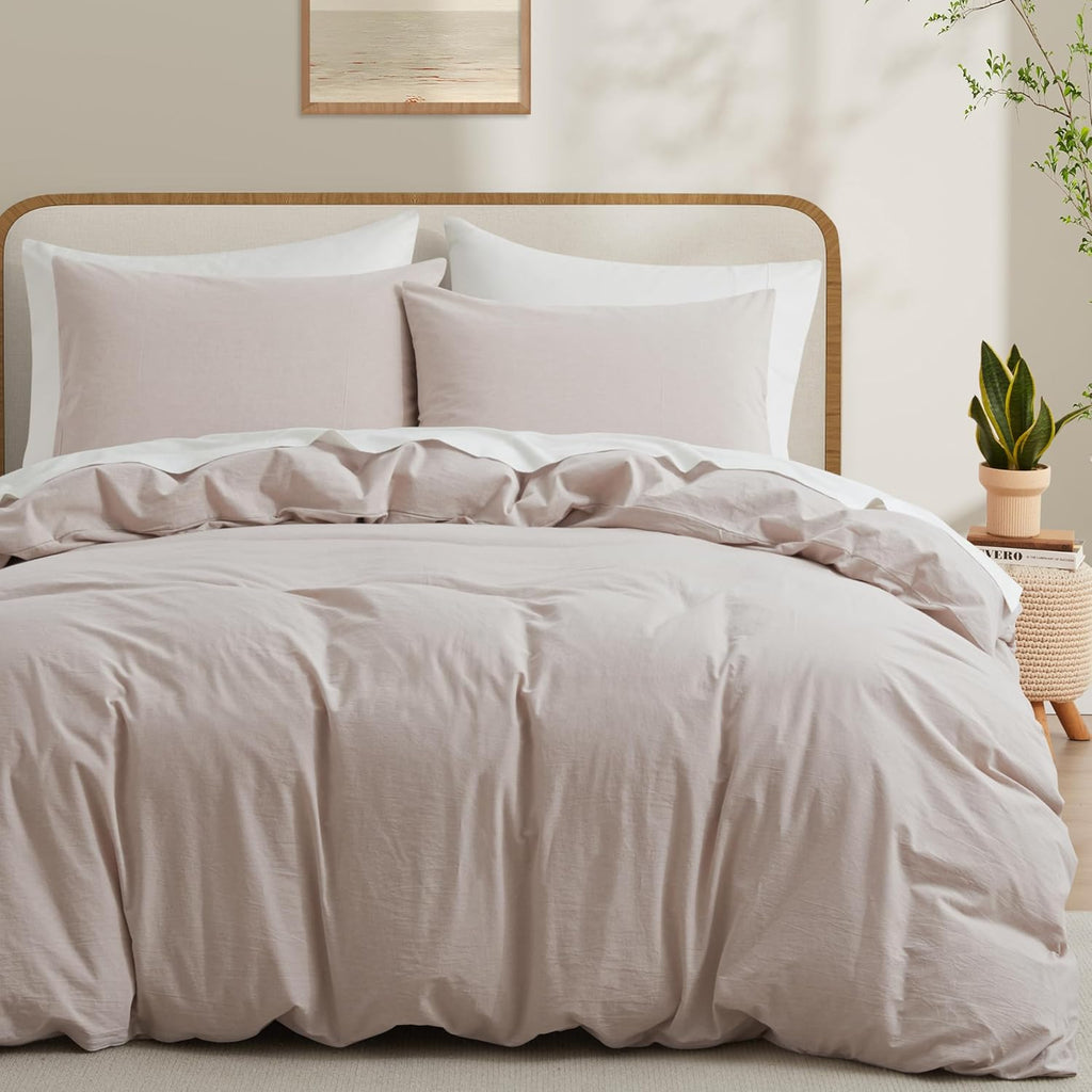 LOVQUE 100% Washed Cotton Duvet Cover Queen Size, White Linen Like Breathable Natural Bedding Set (No Comforter), 90x90 Inches - Grand Goldman