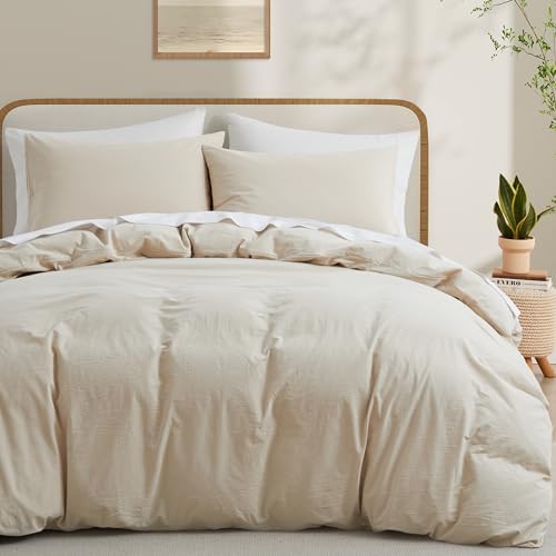 LOVQUE 100% Washed Cotton Duvet Cover Queen Size, White Linen Like Breathable Natural Bedding Set (No Comforter), 90x90 Inches - Grand Goldman