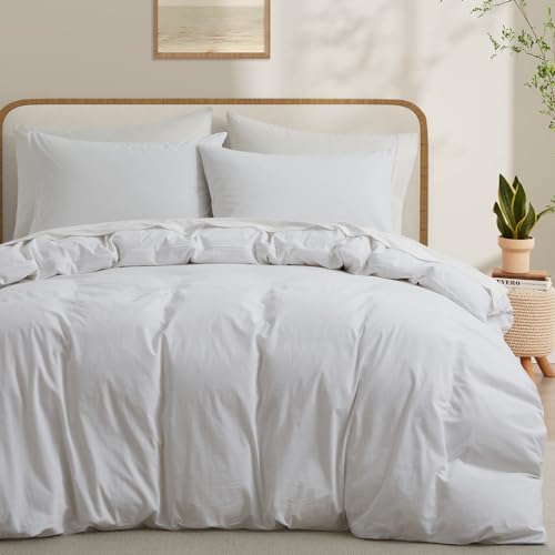 LOVQUE 100% Washed Cotton Duvet Cover Queen Size, White Linen Like Breathable Natural Bedding Set (No Comforter), 90x90 Inches - Grand Goldman
