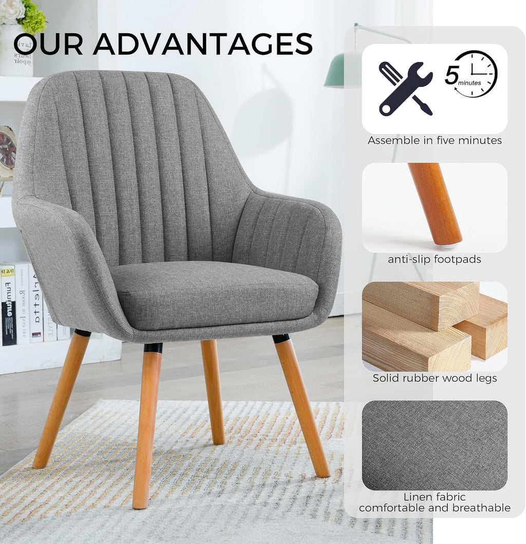 LSSBOUGHT Vanity Chair Makeup Chair Accent Chair with Arms for Living Room Bedroom Home Office Mid Century Modern Upholstered Arm Chair Sofa Chair with Solid Wood Legs(Gray) - Grand Goldman