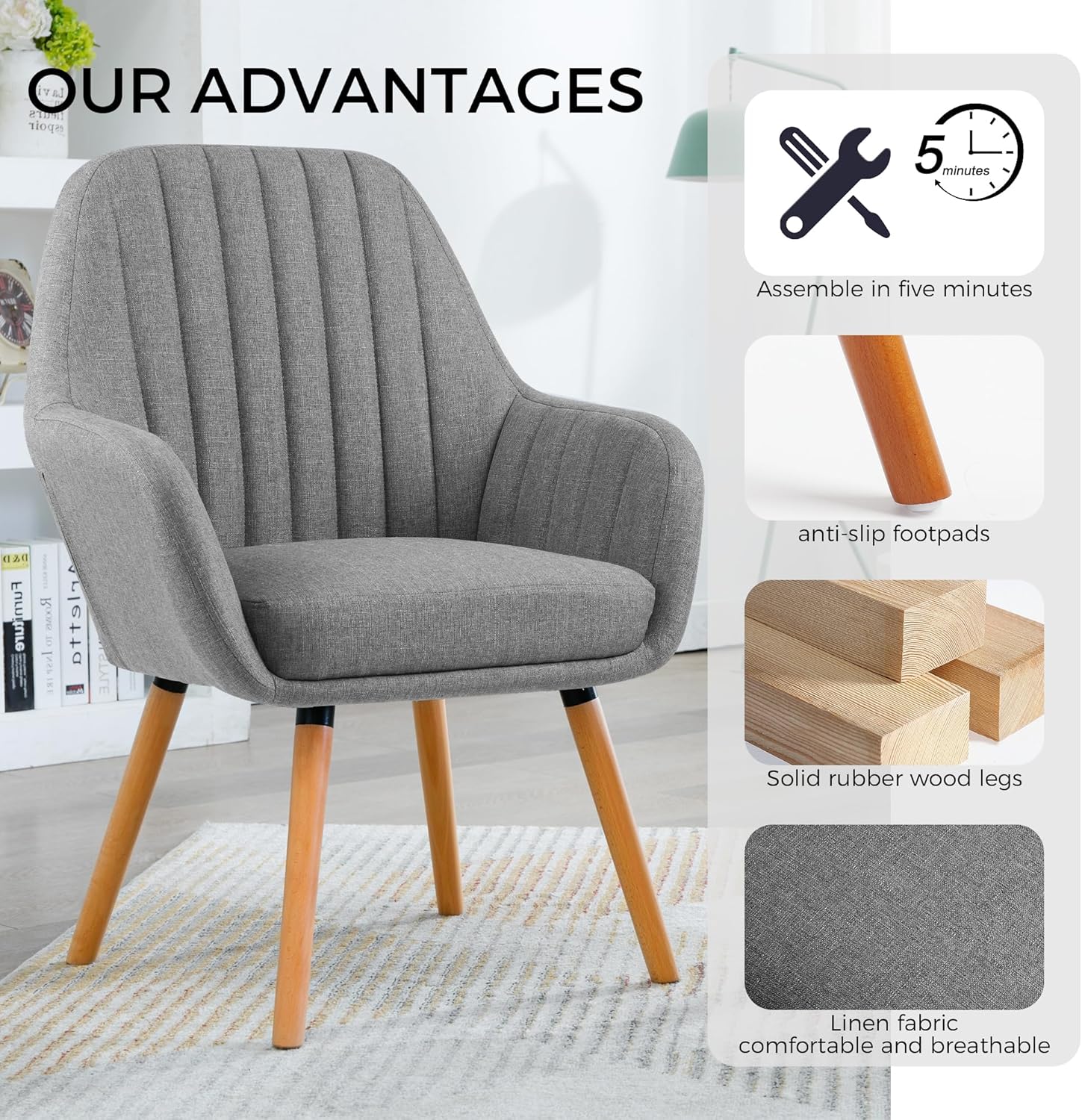 LSSBOUGHT Vanity Chair Makeup Chair Accent Chair with Arms for Living Room Bedroom Home Office Mid Century Modern Upholstered Arm Chair Sofa Chair with Solid Wood Legs(Gray) - Grand Goldman