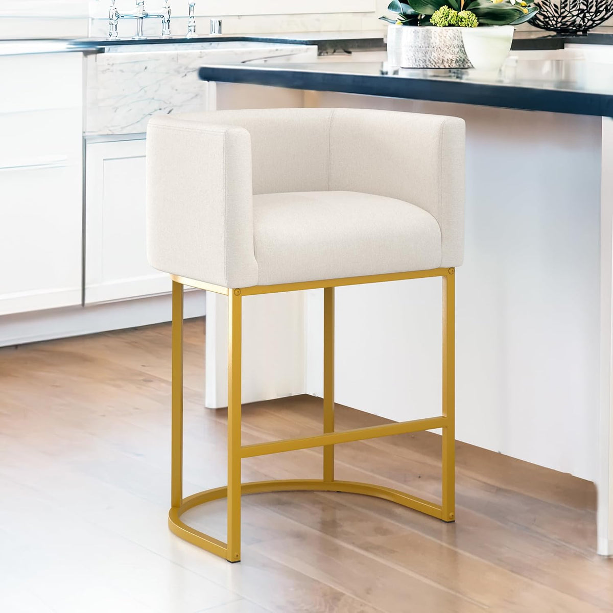 LUE BONA 27" H Counter Height Bar Stools, Modern Barrel Counter Stools with Backrest and Arms, Black Metal Frames, Linen Fabric Upholstered Accent Barstools for Kitchen Island, Linen Color - Grand Goldman