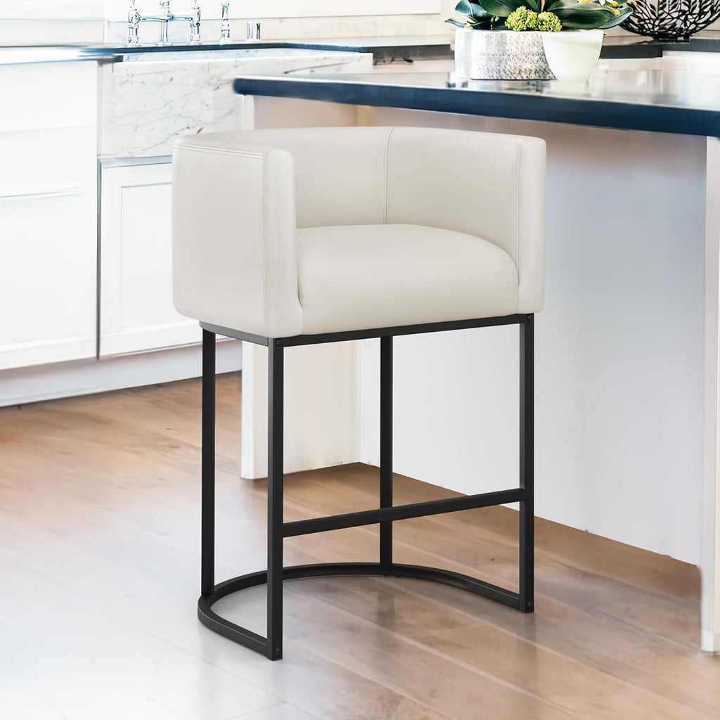 LUE BONA 27" H Counter Height Bar Stools, Modern Barrel Counter Stools with Backrest and Arms, Black Metal Frames, Linen Fabric Upholstered Accent Barstools for Kitchen Island, Linen Color - Grand Goldman