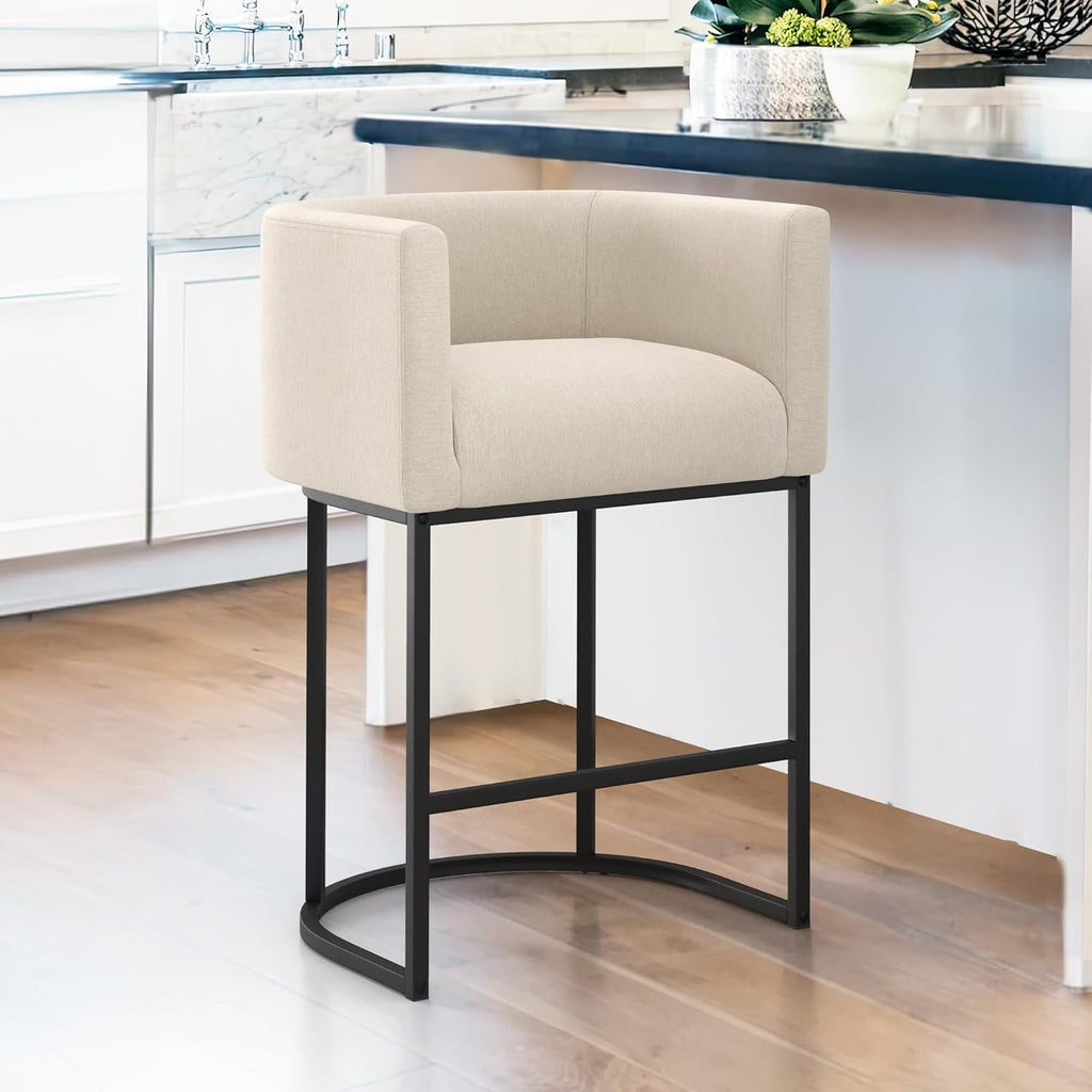LUE BONA 27" H Counter Height Bar Stools, Modern Barrel Counter Stools with Backrest and Arms, Black Metal Frames, Linen Fabric Upholstered Accent Barstools for Kitchen Island, Linen Color - Grand Goldman