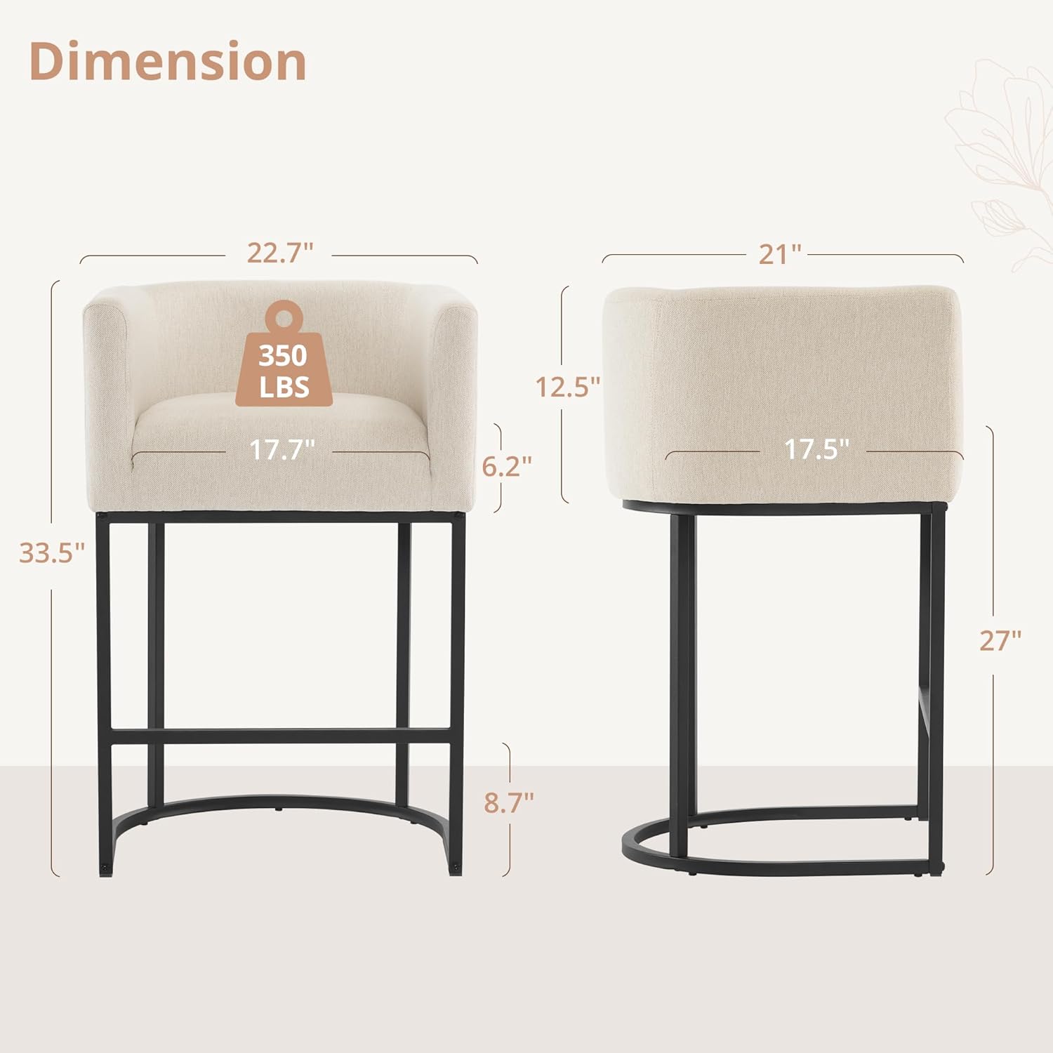 LUE BONA 27" H Counter Height Bar Stools, Modern Barrel Counter Stools with Backrest and Arms, Black Metal Frames, Linen Fabric Upholstered Accent Barstools for Kitchen Island, Linen Color - Grand Goldman