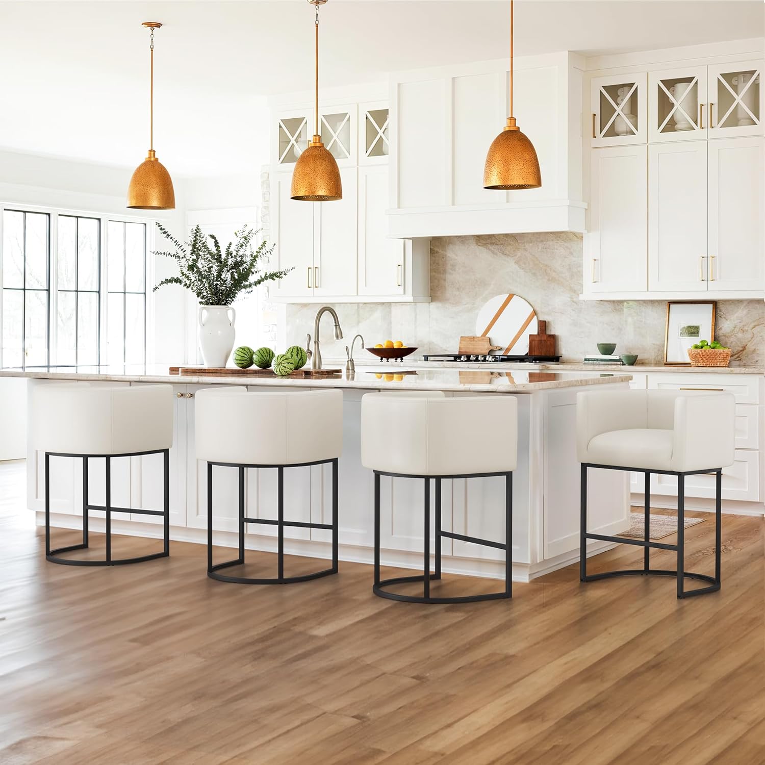 LUE BONA 27" H Counter Height Bar Stools, Modern Barrel Counter Stools with Backrest and Arms, Black Metal Frames, Linen Fabric Upholstered Accent Barstools for Kitchen Island, Linen Color - Grand Goldman
