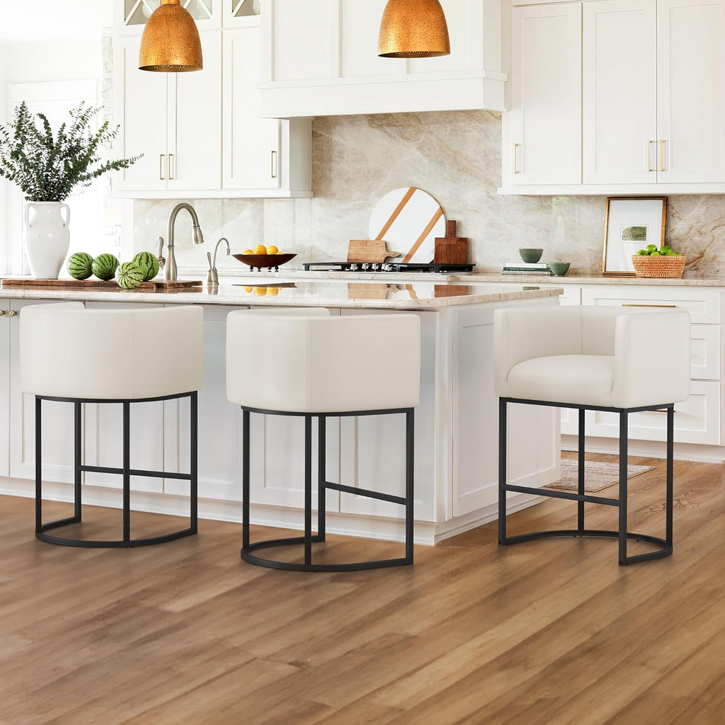 LUE BONA 27" H Counter Height Bar Stools, Modern Barrel Counter Stools with Backrest and Arms, Black Metal Frames, Linen Fabric Upholstered Accent Barstools for Kitchen Island, Linen Color - Grand Goldman