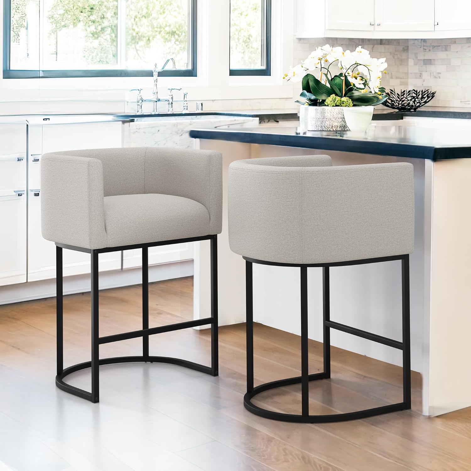 LUE BONA 27" H Counter Height Bar Stools, Modern Barrel Counter Stools with Backrest and Arms, Black Metal Frames, Linen Fabric Upholstered Accent Barstools for Kitchen Island, Linen Color - Grand Goldman