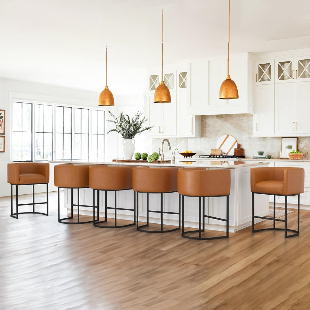LUE BONA 27" H Counter Height Bar Stools, Modern Barrel Counter Stools with Backrest and Arms, Black Metal Frames, Linen Fabric Upholstered Accent Barstools for Kitchen Island, Linen Color - Grand Goldman