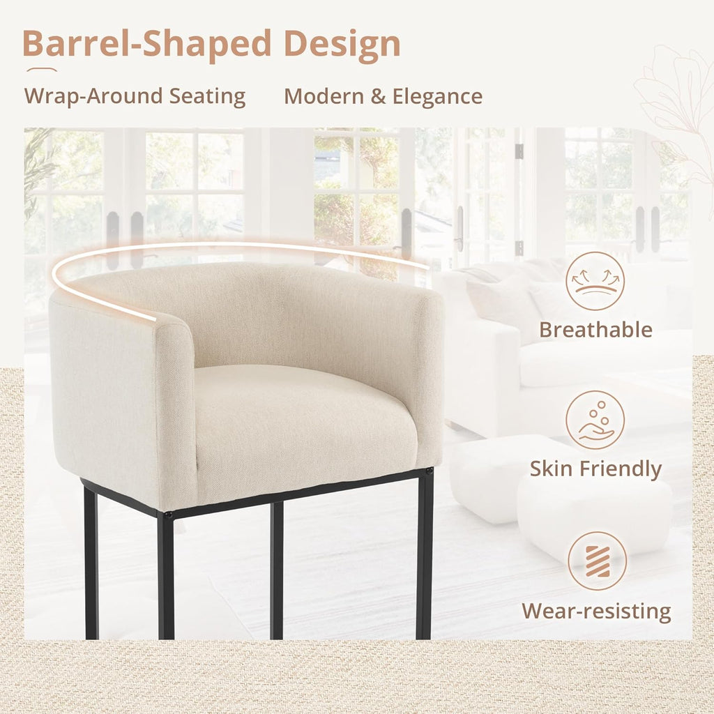 LUE BONA 27" H Counter Height Bar Stools, Modern Barrel Counter Stools with Backrest and Arms, Black Metal Frames, Linen Fabric Upholstered Accent Barstools for Kitchen Island, Linen Color - Grand Goldman