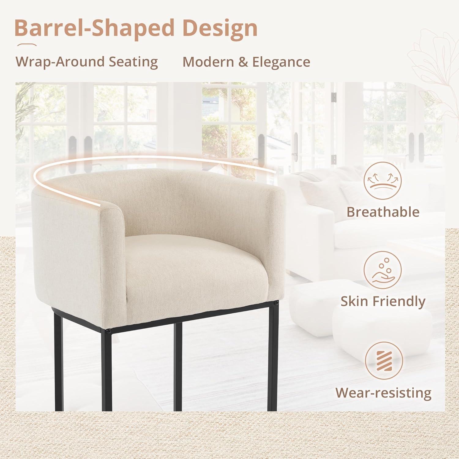 LUE BONA 27" H Counter Height Bar Stools, Modern Barrel Counter Stools with Backrest and Arms, Black Metal Frames, Linen Fabric Upholstered Accent Barstools for Kitchen Island, Linen Color - Grand Goldman