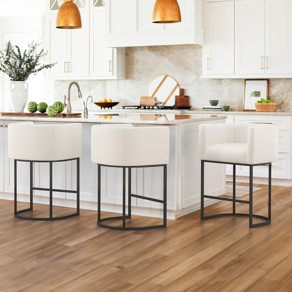 LUE BONA 27" H Counter Height Bar Stools, Modern Barrel Counter Stools with Backrest and Arms, Black Metal Frames, Linen Fabric Upholstered Accent Barstools for Kitchen Island, Linen Color - Grand Goldman