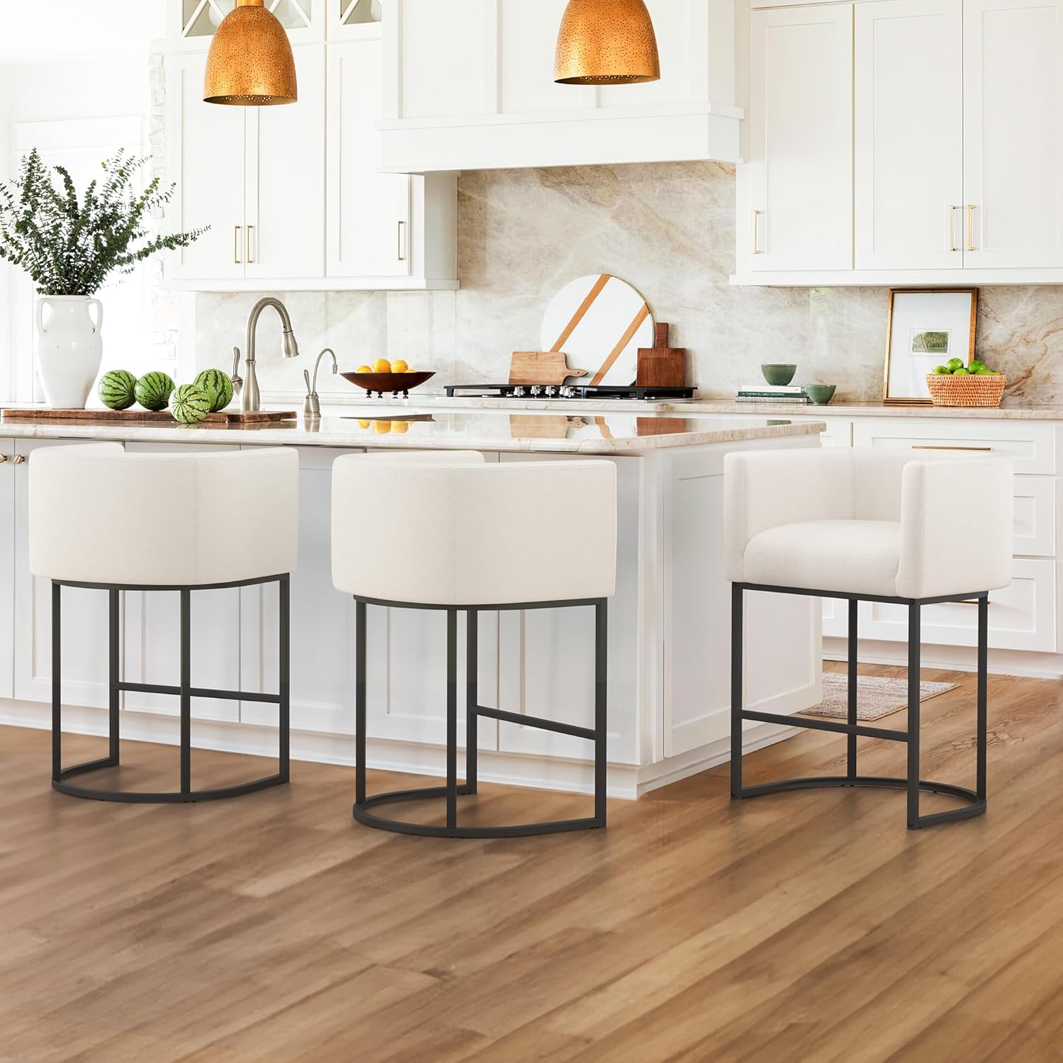 LUE BONA 27" H Counter Height Bar Stools, Modern Barrel Counter Stools with Backrest and Arms, Black Metal Frames, Linen Fabric Upholstered Accent Barstools for Kitchen Island, Linen Color - Grand Goldman