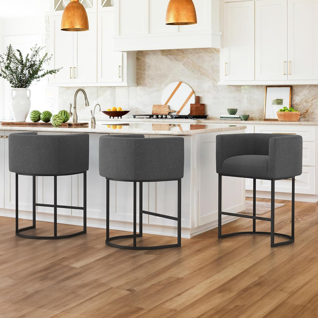 LUE BONA 27" H Counter Height Bar Stools, Modern Barrel Counter Stools with Backrest and Arms, Black Metal Frames, Linen Fabric Upholstered Accent Barstools for Kitchen Island, Linen Color - Grand Goldman