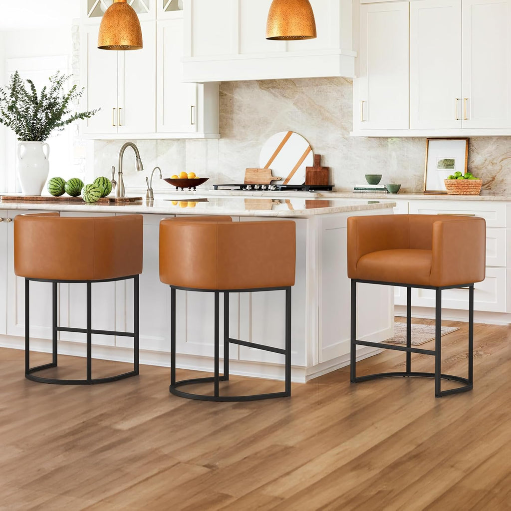 LUE BONA 27" H Counter Height Bar Stools, Modern Barrel Counter Stools with Backrest and Arms, Black Metal Frames, Linen Fabric Upholstered Accent Barstools for Kitchen Island, Linen Color - Grand Goldman