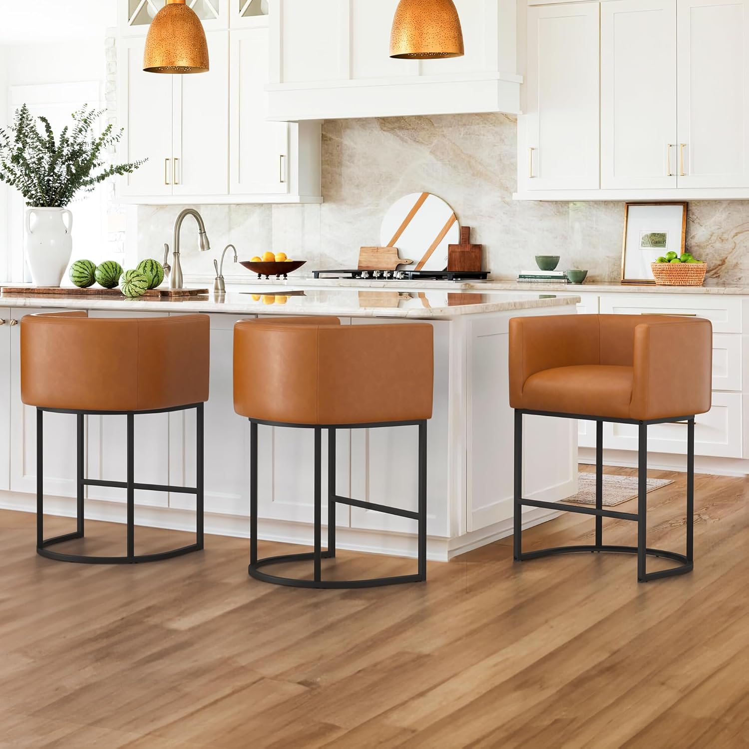 LUE BONA 27" H Counter Height Bar Stools, Modern Barrel Counter Stools with Backrest and Arms, Black Metal Frames, Linen Fabric Upholstered Accent Barstools for Kitchen Island, Linen Color - Grand Goldman