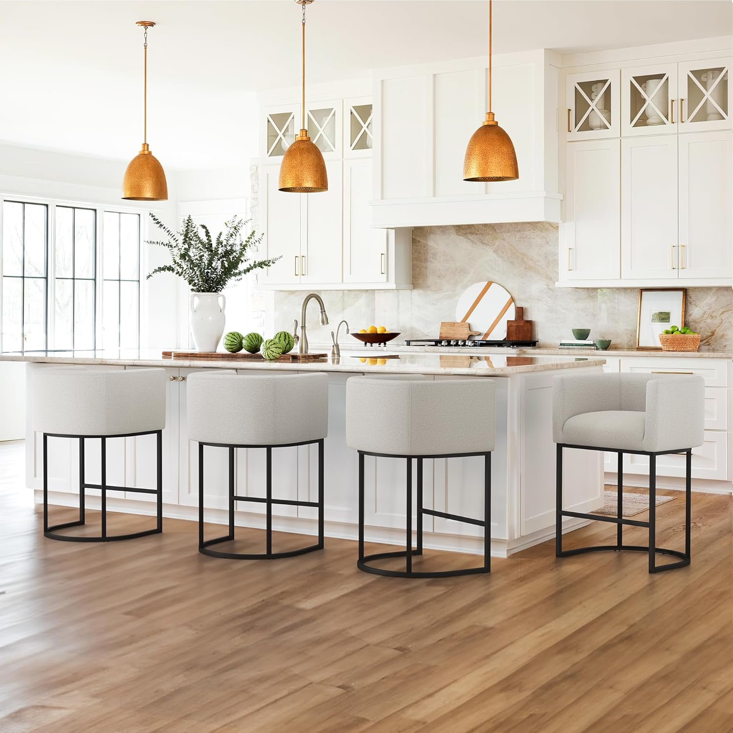 LUE BONA 27" H Counter Height Bar Stools, Modern Barrel Counter Stools with Backrest and Arms, Black Metal Frames, Linen Fabric Upholstered Accent Barstools for Kitchen Island, Linen Color - Grand Goldman