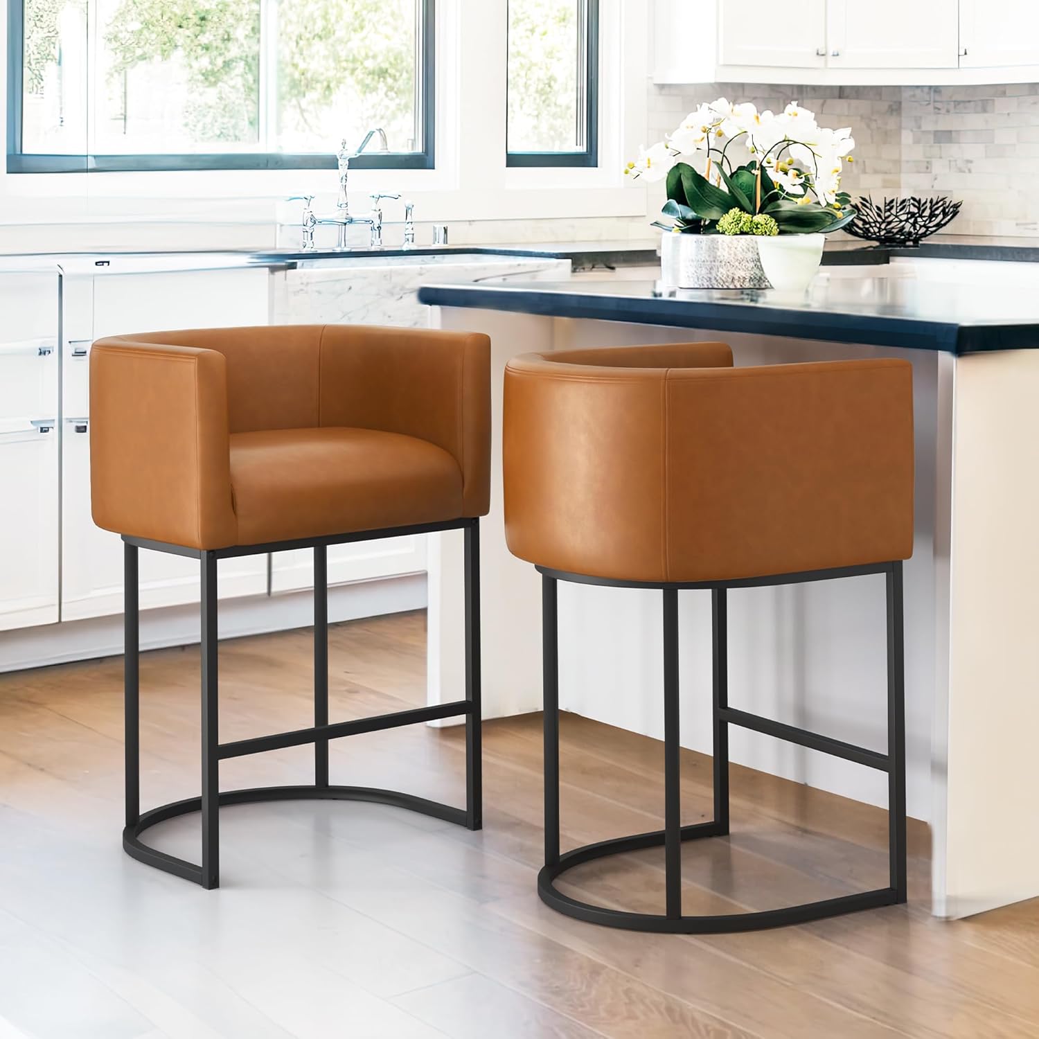 LUE BONA 27" H Counter Height Bar Stools, Modern Barrel Counter Stools with Backrest and Arms, Black Metal Frames, Linen Fabric Upholstered Accent Barstools for Kitchen Island, Linen Color - Grand Goldman