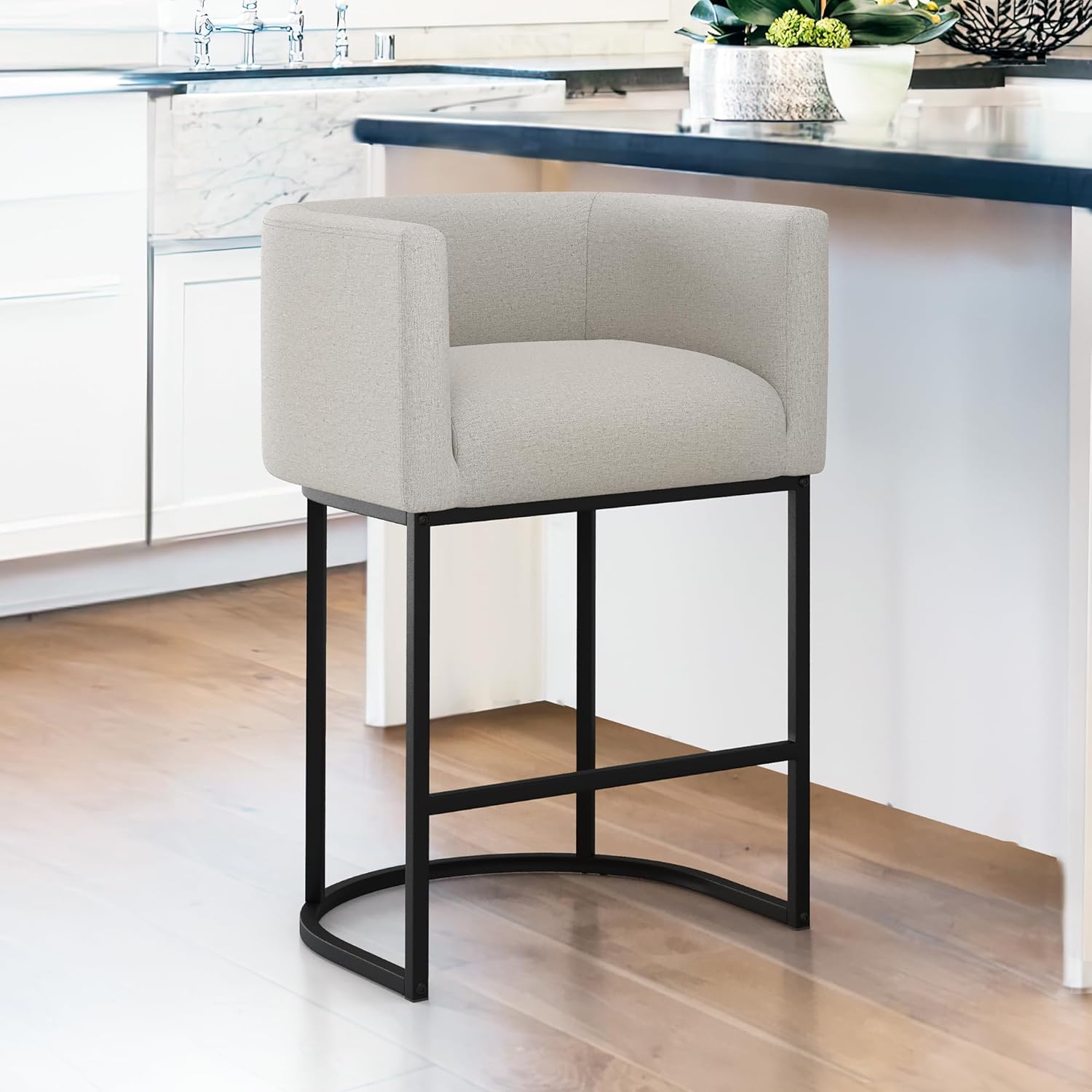 LUE BONA 27" H Counter Height Bar Stools, Modern Barrel Counter Stools with Backrest and Arms, Black Metal Frames, Linen Fabric Upholstered Accent Barstools for Kitchen Island, Linen Color - Grand Goldman