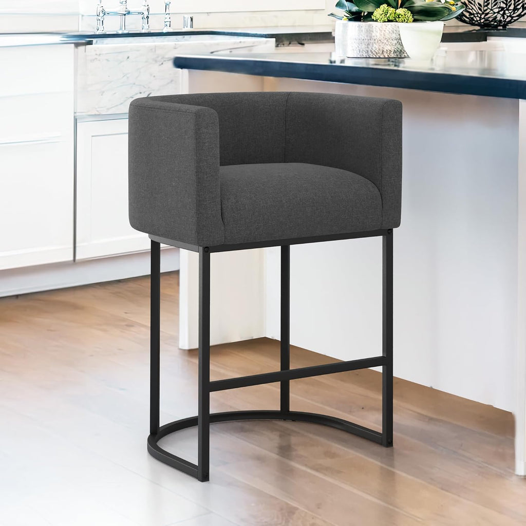 LUE BONA 27" H Counter Height Bar Stools, Modern Barrel Counter Stools with Backrest and Arms, Black Metal Frames, Linen Fabric Upholstered Accent Barstools for Kitchen Island, Linen Color - Grand Goldman