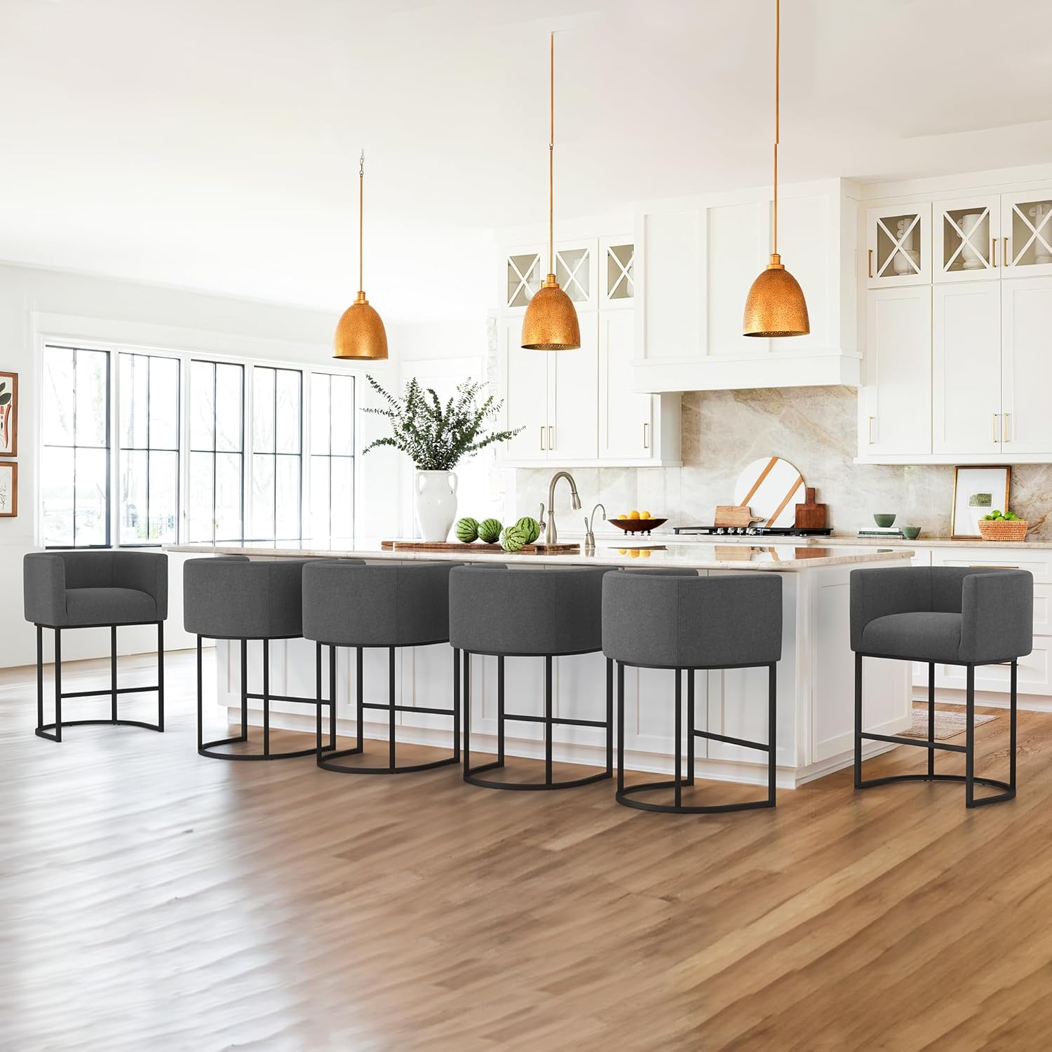 LUE BONA 27" H Counter Height Bar Stools, Modern Barrel Counter Stools with Backrest and Arms, Black Metal Frames, Linen Fabric Upholstered Accent Barstools for Kitchen Island, Linen Color - Grand Goldman