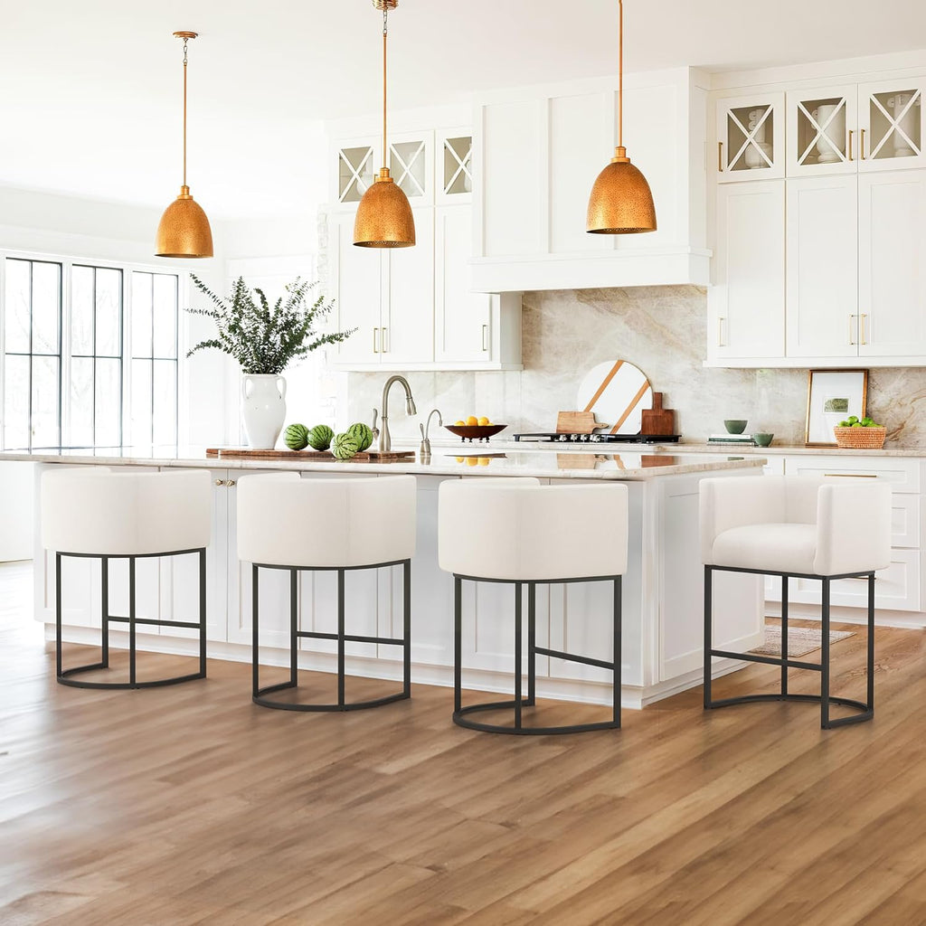 LUE BONA 27" H Counter Height Bar Stools, Modern Barrel Counter Stools with Backrest and Arms, Black Metal Frames, Linen Fabric Upholstered Accent Barstools for Kitchen Island, Linen Color - Grand Goldman
