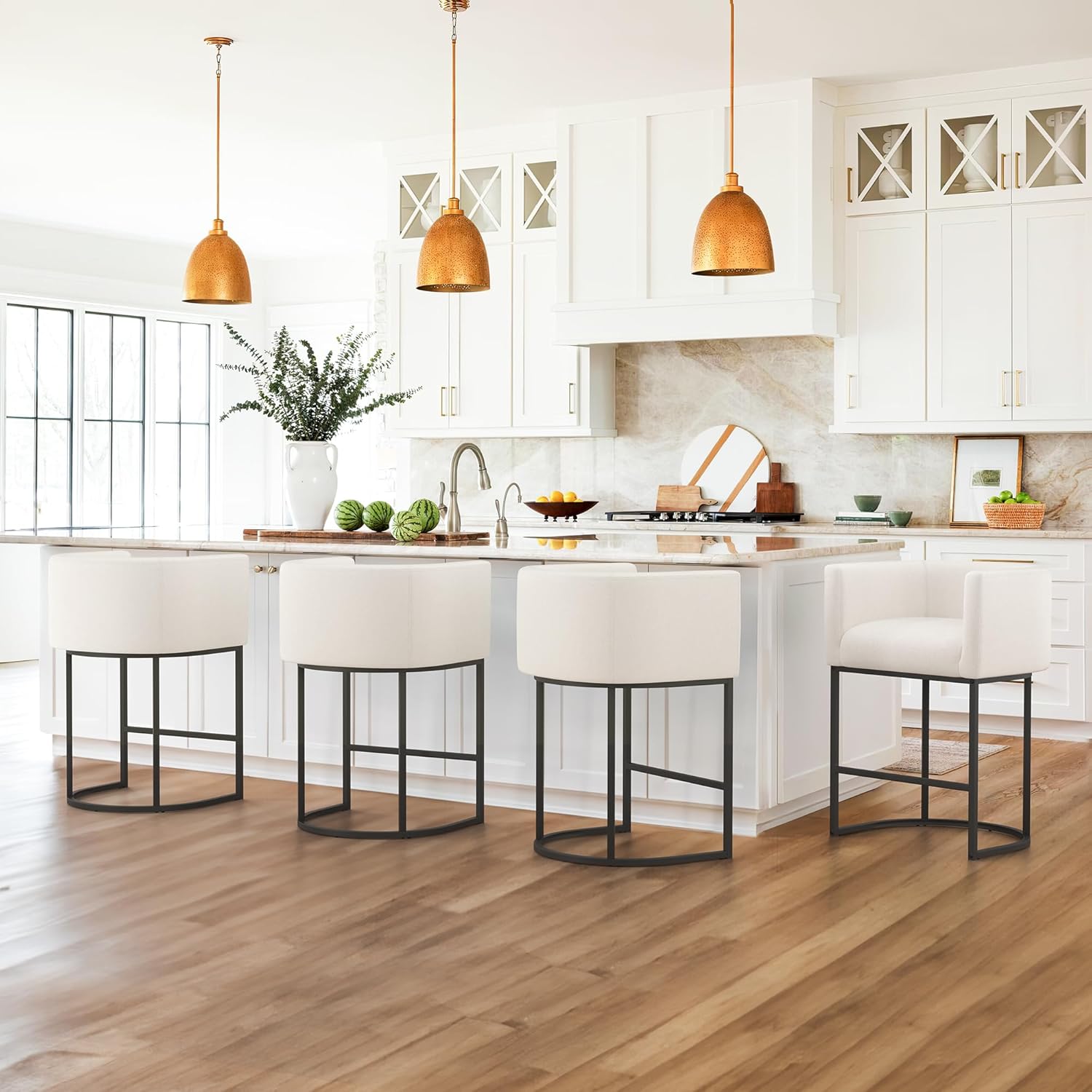 LUE BONA 27" H Counter Height Bar Stools, Modern Barrel Counter Stools with Backrest and Arms, Black Metal Frames, Linen Fabric Upholstered Accent Barstools for Kitchen Island, Linen Color - Grand Goldman
