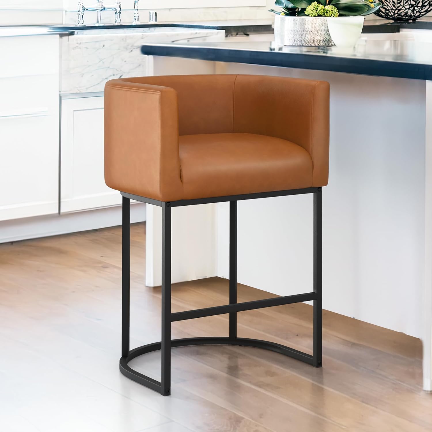 LUE BONA 27" H Counter Height Bar Stools, Modern Barrel Counter Stools with Backrest and Arms, Black Metal Frames, Linen Fabric Upholstered Accent Barstools for Kitchen Island, Linen Color - Grand Goldman