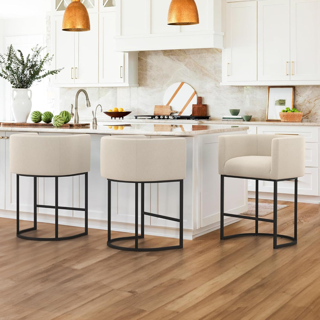 LUE BONA 27" H Counter Height Bar Stools, Modern Barrel Counter Stools with Backrest and Arms, Black Metal Frames, Linen Fabric Upholstered Accent Barstools for Kitchen Island, Linen Color - Grand Goldman