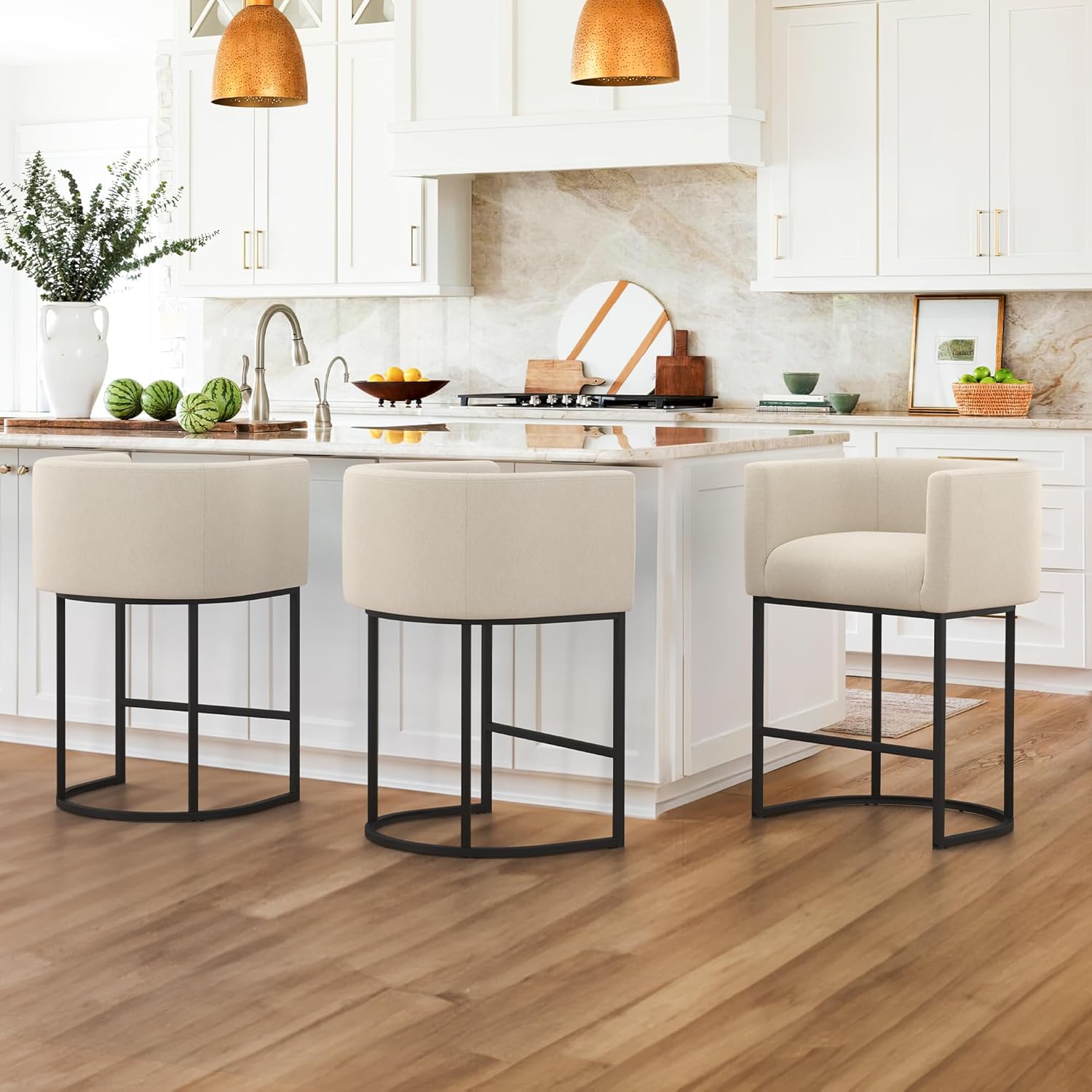 LUE BONA 27" H Counter Height Bar Stools, Modern Barrel Counter Stools with Backrest and Arms, Black Metal Frames, Linen Fabric Upholstered Accent Barstools for Kitchen Island, Linen Color - Grand Goldman