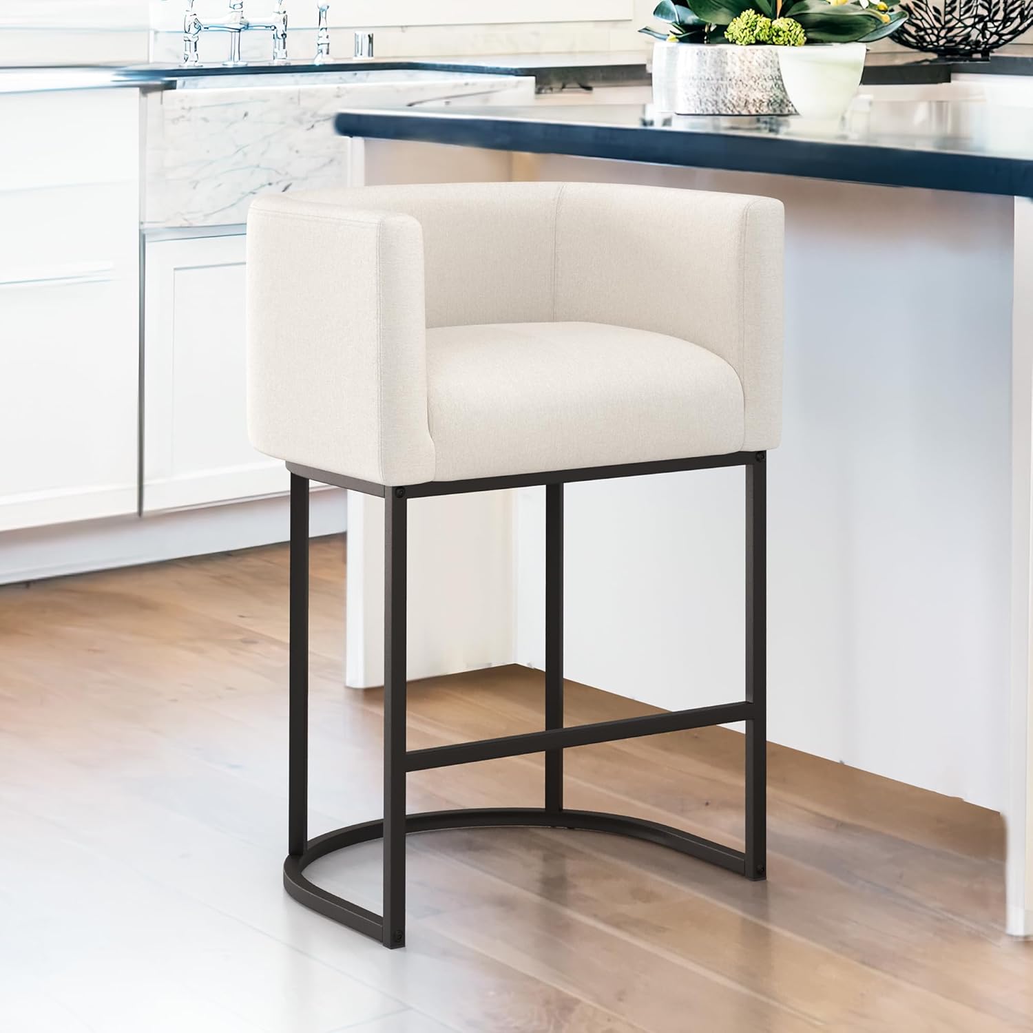 LUE BONA 27" H Counter Height Bar Stools, Modern Barrel Counter Stools with Backrest and Arms, Black Metal Frames, Linen Fabric Upholstered Accent Barstools for Kitchen Island, Linen Color - Grand Goldman