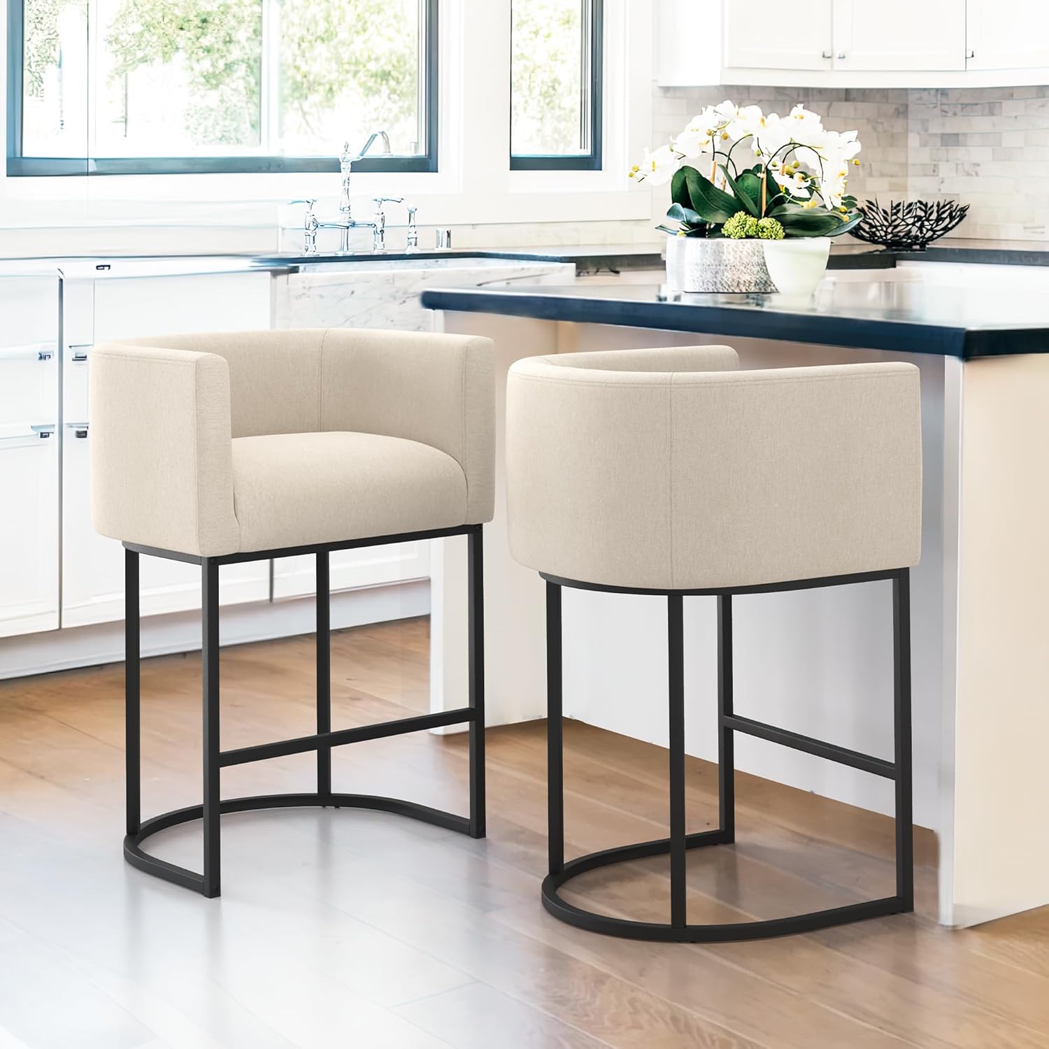 LUE BONA 27" H Counter Height Bar Stools, Modern Barrel Counter Stools with Backrest and Arms, Black Metal Frames, Linen Fabric Upholstered Accent Barstools for Kitchen Island, Linen Color - Grand Goldman