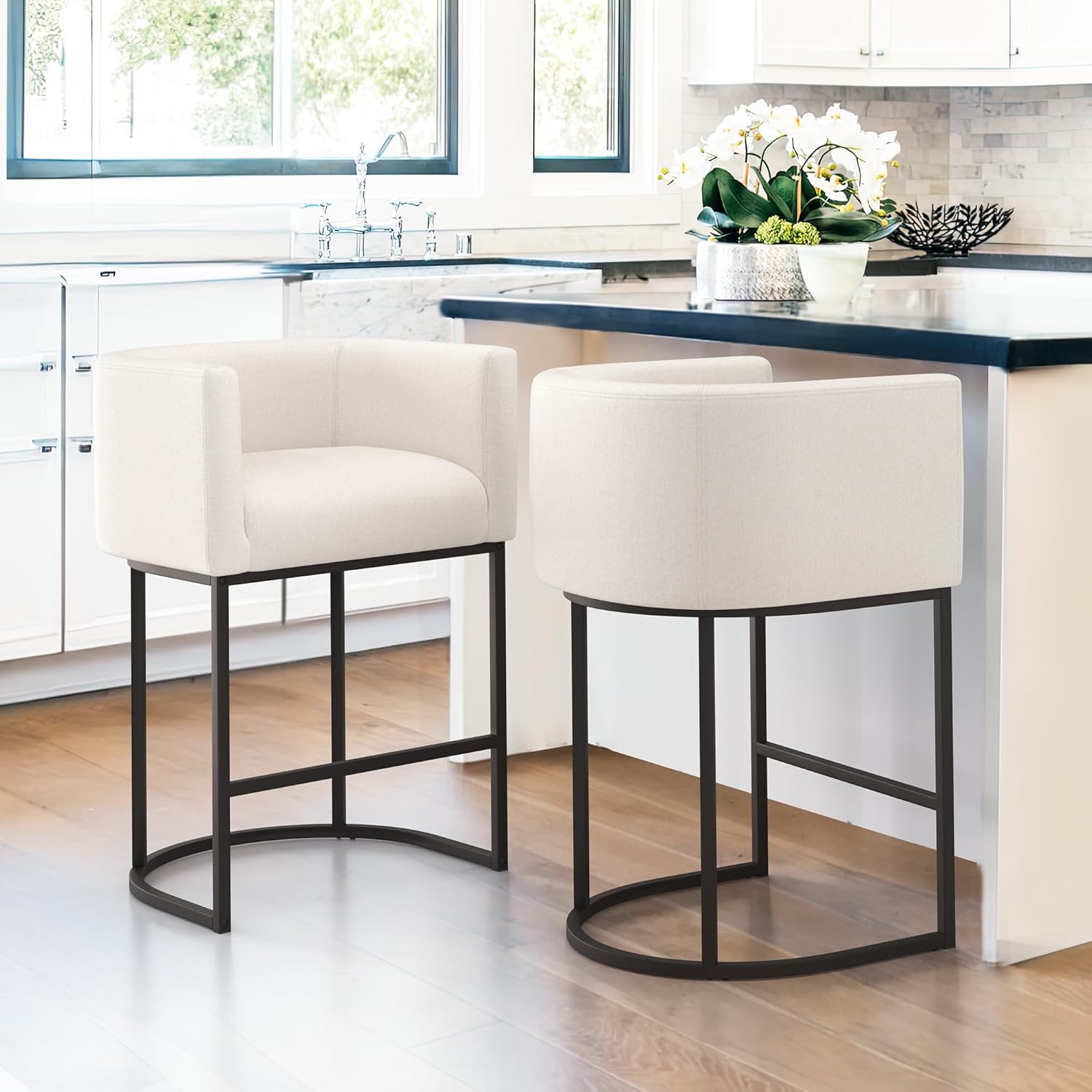LUE BONA 27" H Counter Height Bar Stools, Modern Barrel Counter Stools with Backrest and Arms, Black Metal Frames, Linen Fabric Upholstered Accent Barstools for Kitchen Island, Linen Color - Grand Goldman