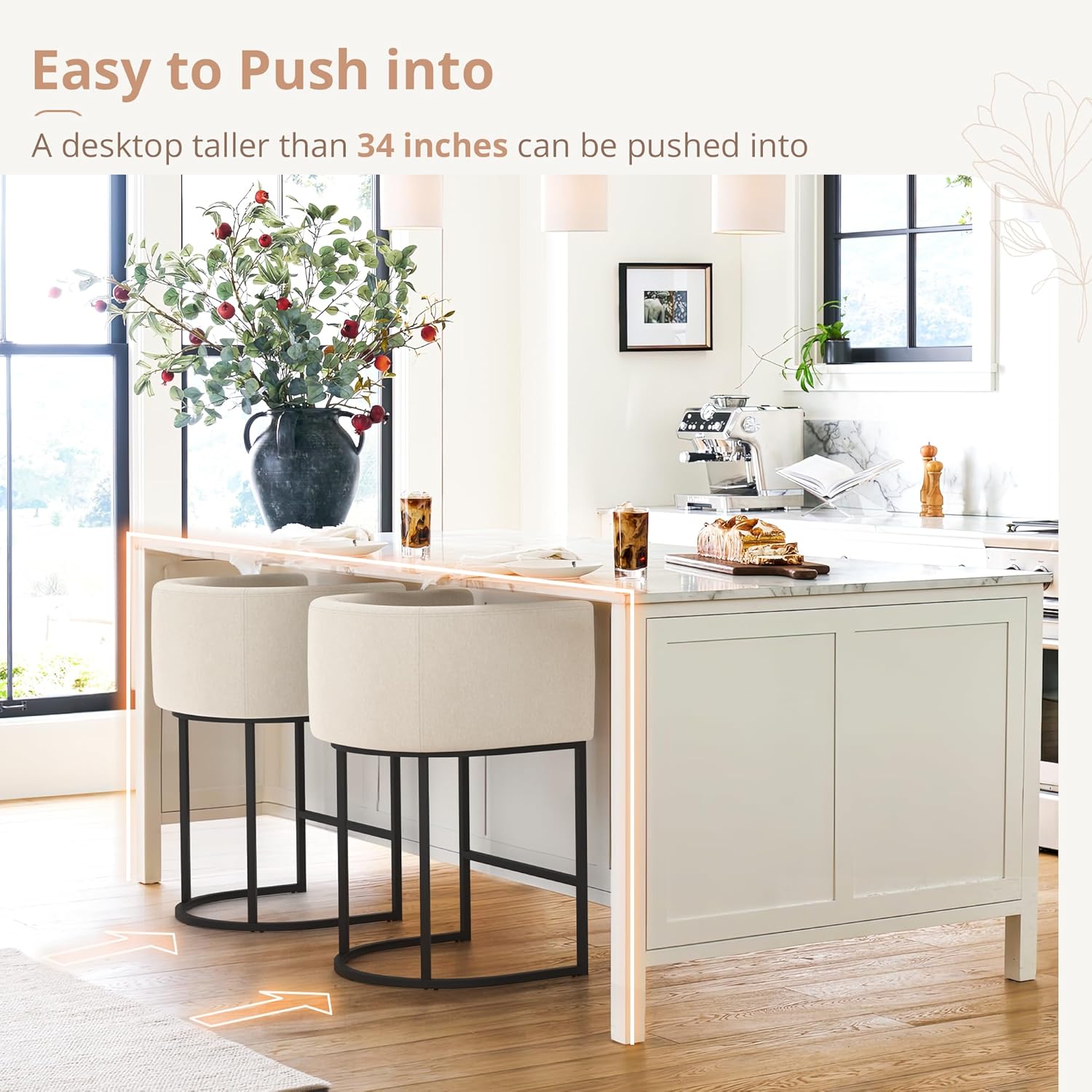 LUE BONA 27" H Counter Height Bar Stools, Modern Barrel Counter Stools with Backrest and Arms, Black Metal Frames, Linen Fabric Upholstered Accent Barstools for Kitchen Island, Linen Color - Grand Goldman