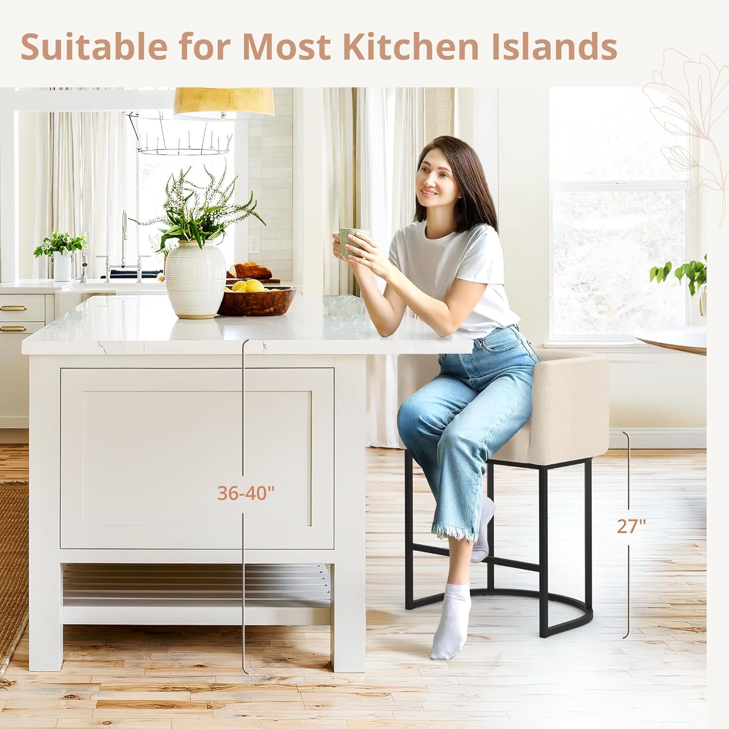 LUE BONA 27" H Counter Height Bar Stools, Modern Barrel Counter Stools with Backrest and Arms, Black Metal Frames, Linen Fabric Upholstered Accent Barstools for Kitchen Island, Linen Color - Grand Goldman