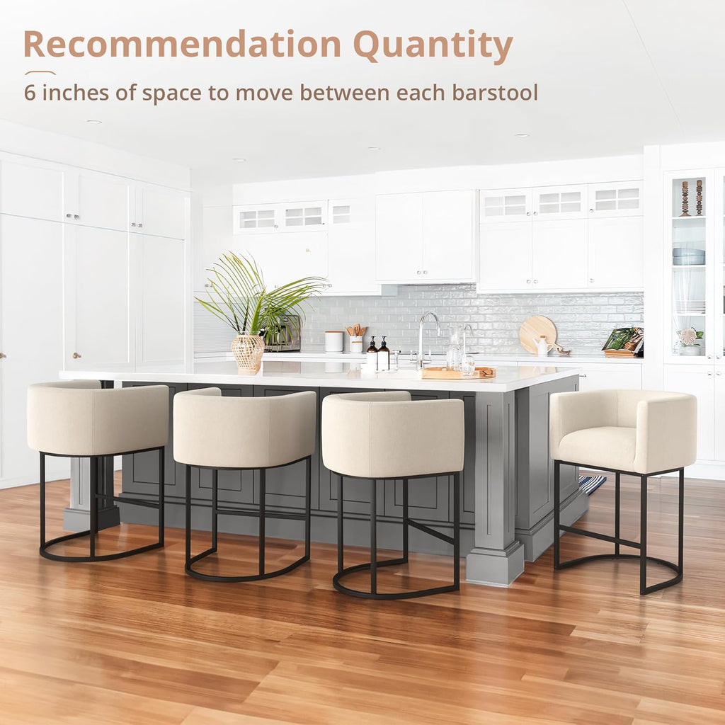 LUE BONA 27" H Counter Height Bar Stools, Modern Barrel Counter Stools with Backrest and Arms, Black Metal Frames, Linen Fabric Upholstered Accent Barstools for Kitchen Island, Linen Color - Grand Goldman