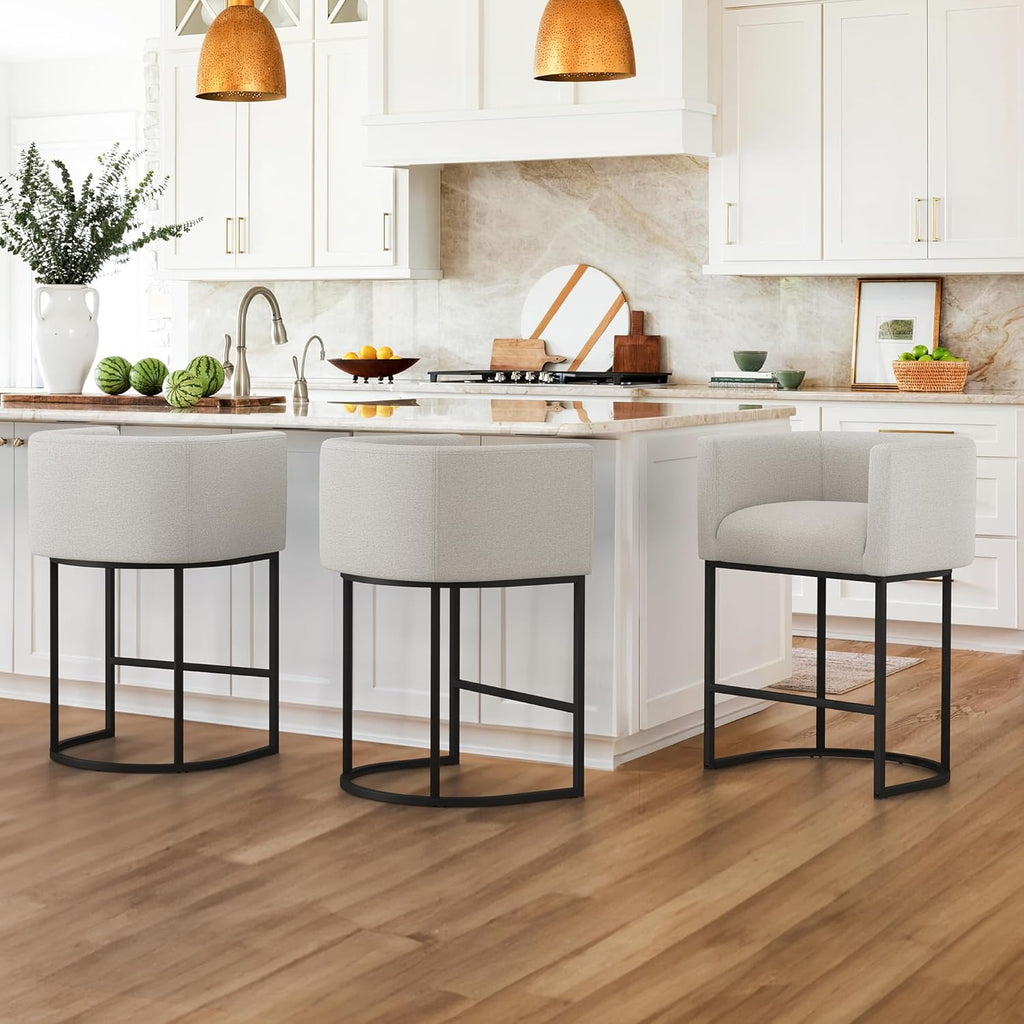 LUE BONA 27" H Counter Height Bar Stools, Modern Barrel Counter Stools with Backrest and Arms, Black Metal Frames, Linen Fabric Upholstered Accent Barstools for Kitchen Island, Linen Color - Grand Goldman